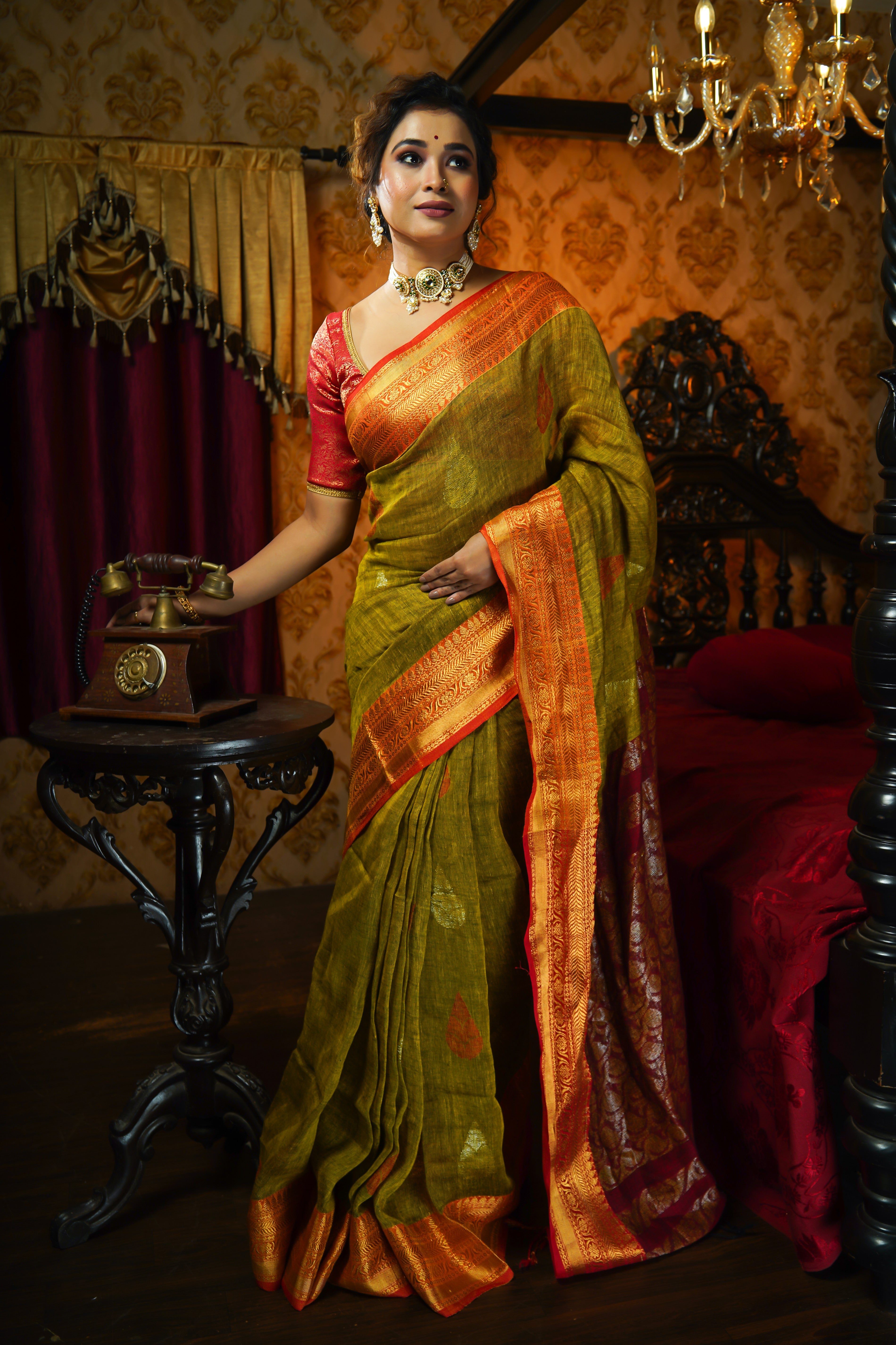 Olive Green & Rani Handwoven Linen Jamdani Saree