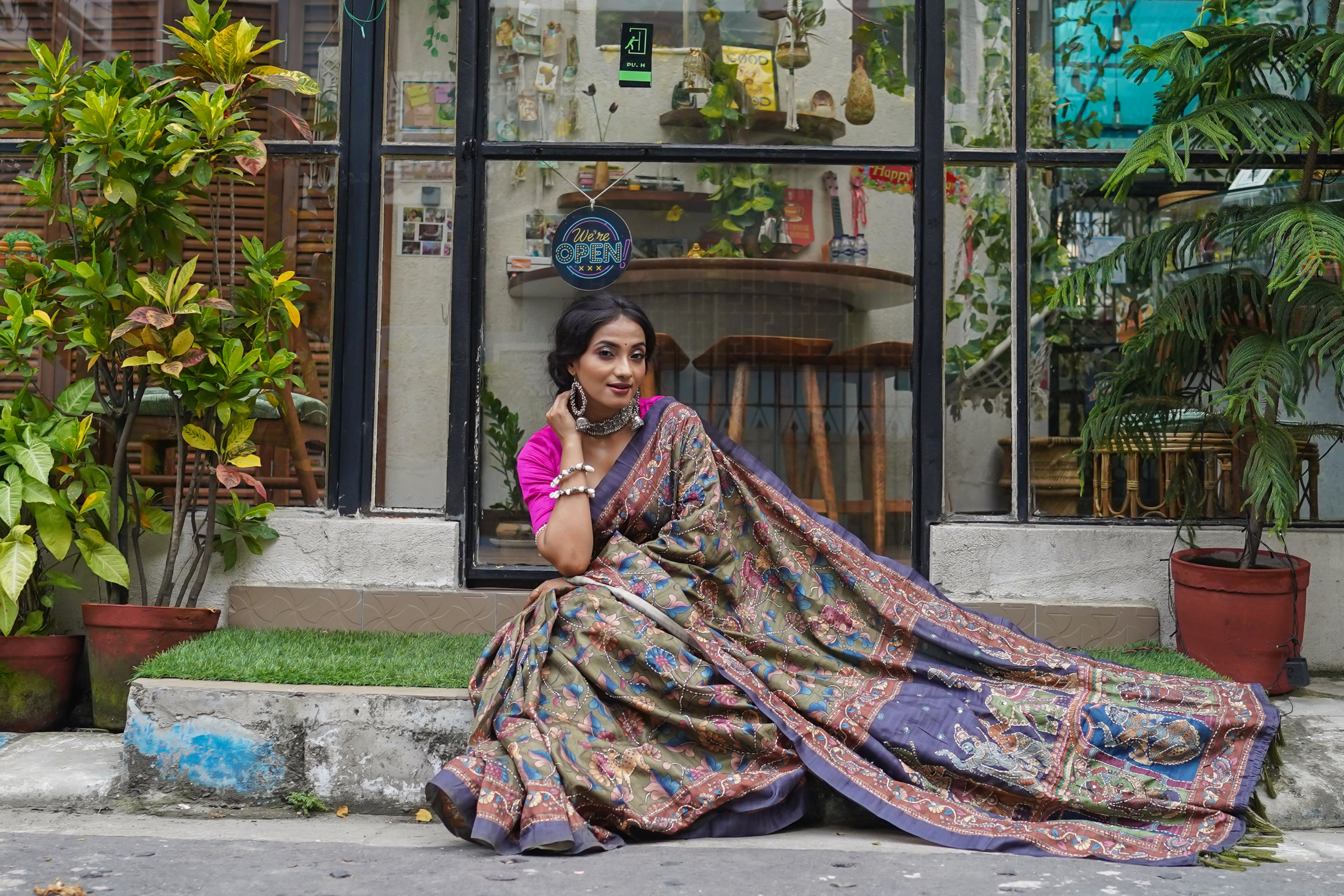 Olive Modal Silk Katha Stitch Saree