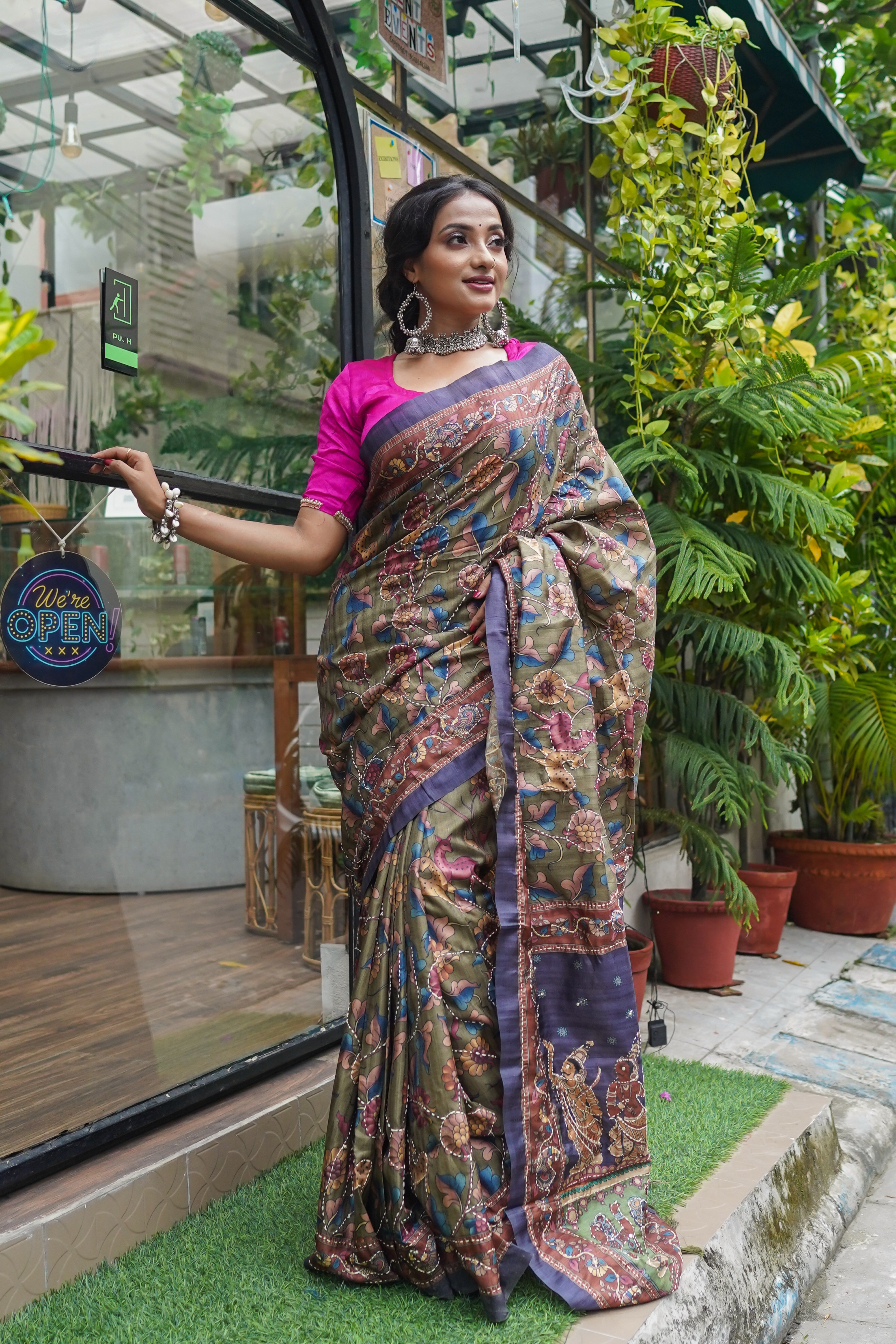 Olive Modal Silk Katha Stitch Saree