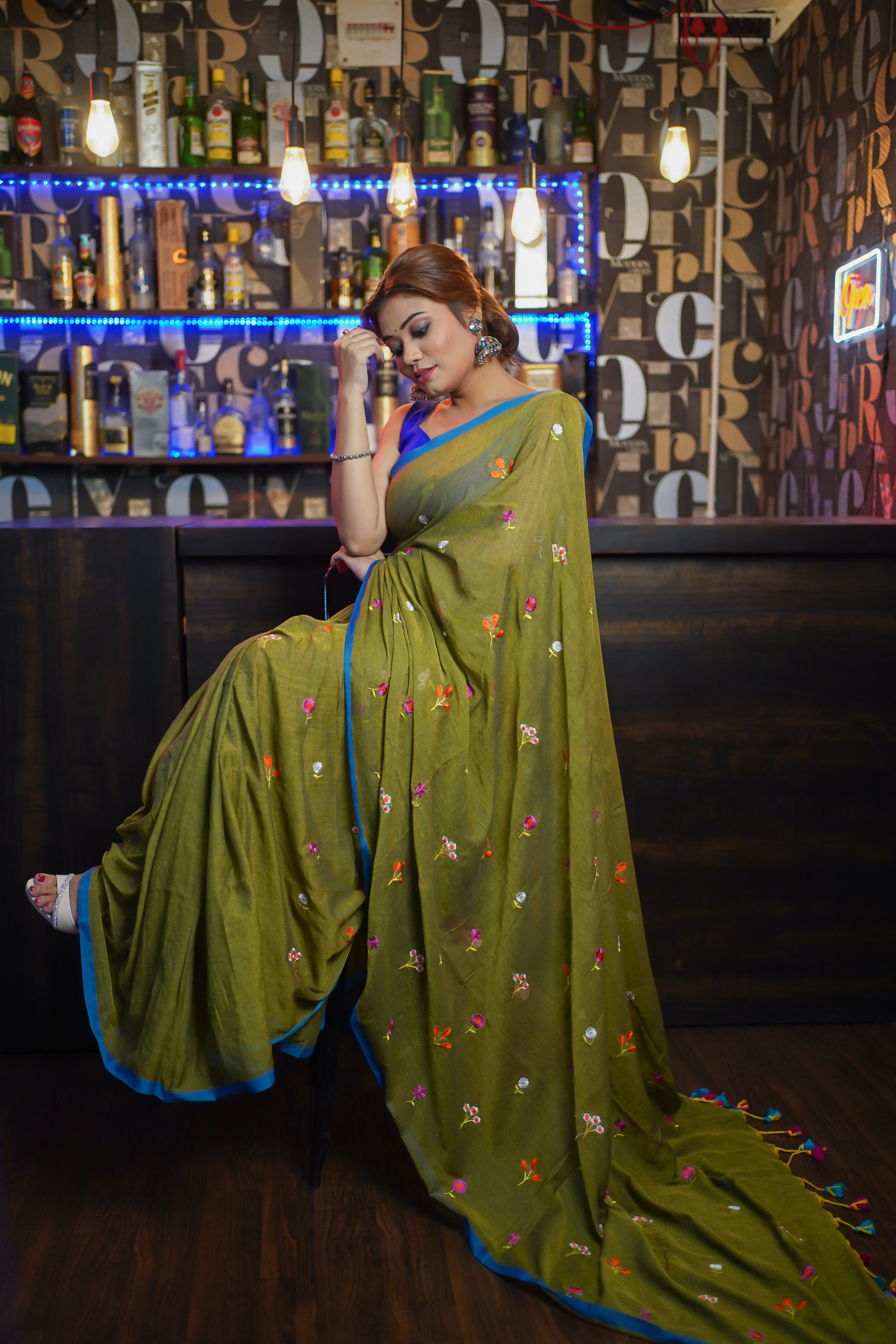 Olive embroidered mulmul cotton saree