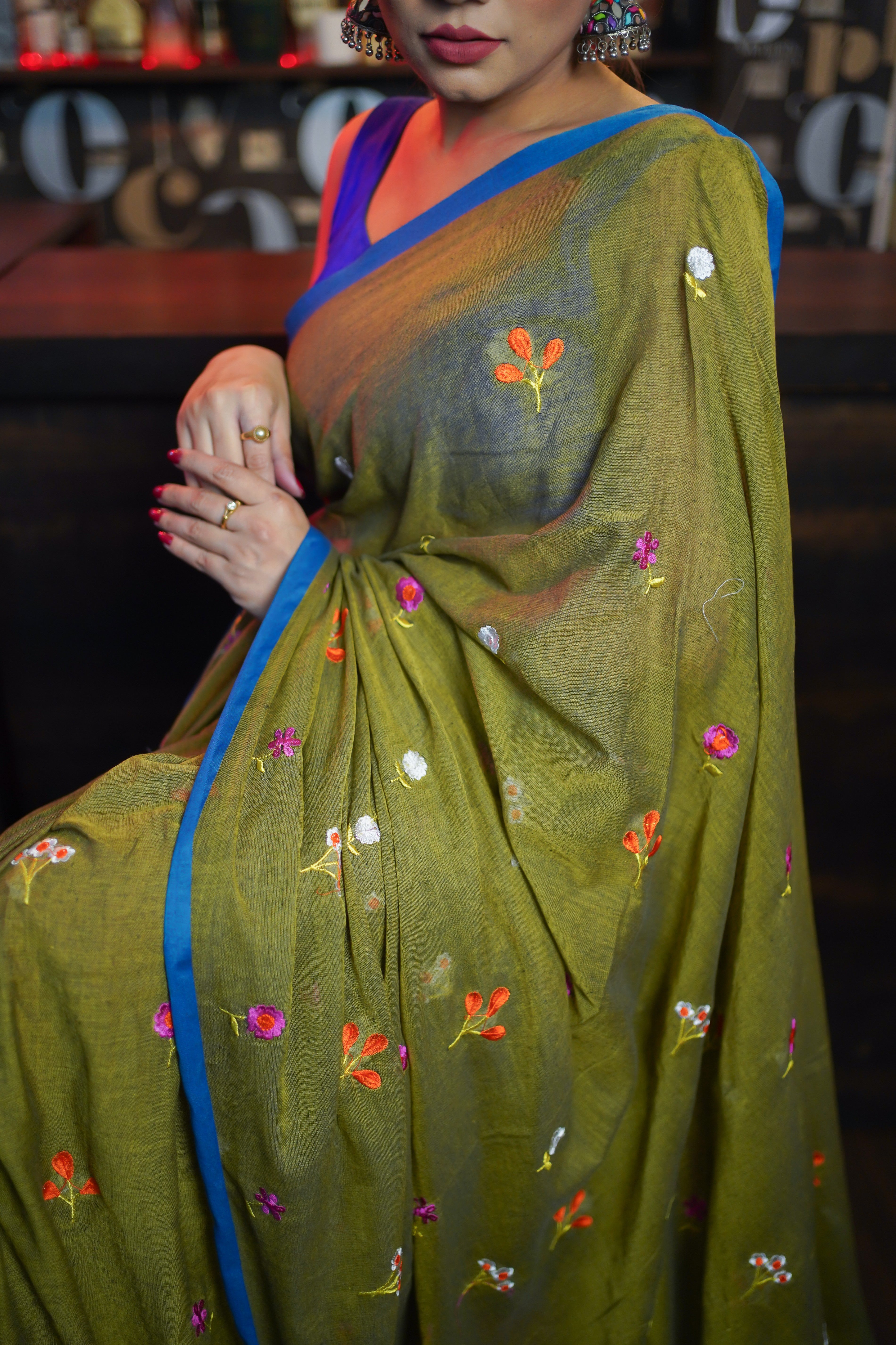 Olive embroidered mulmul cotton saree