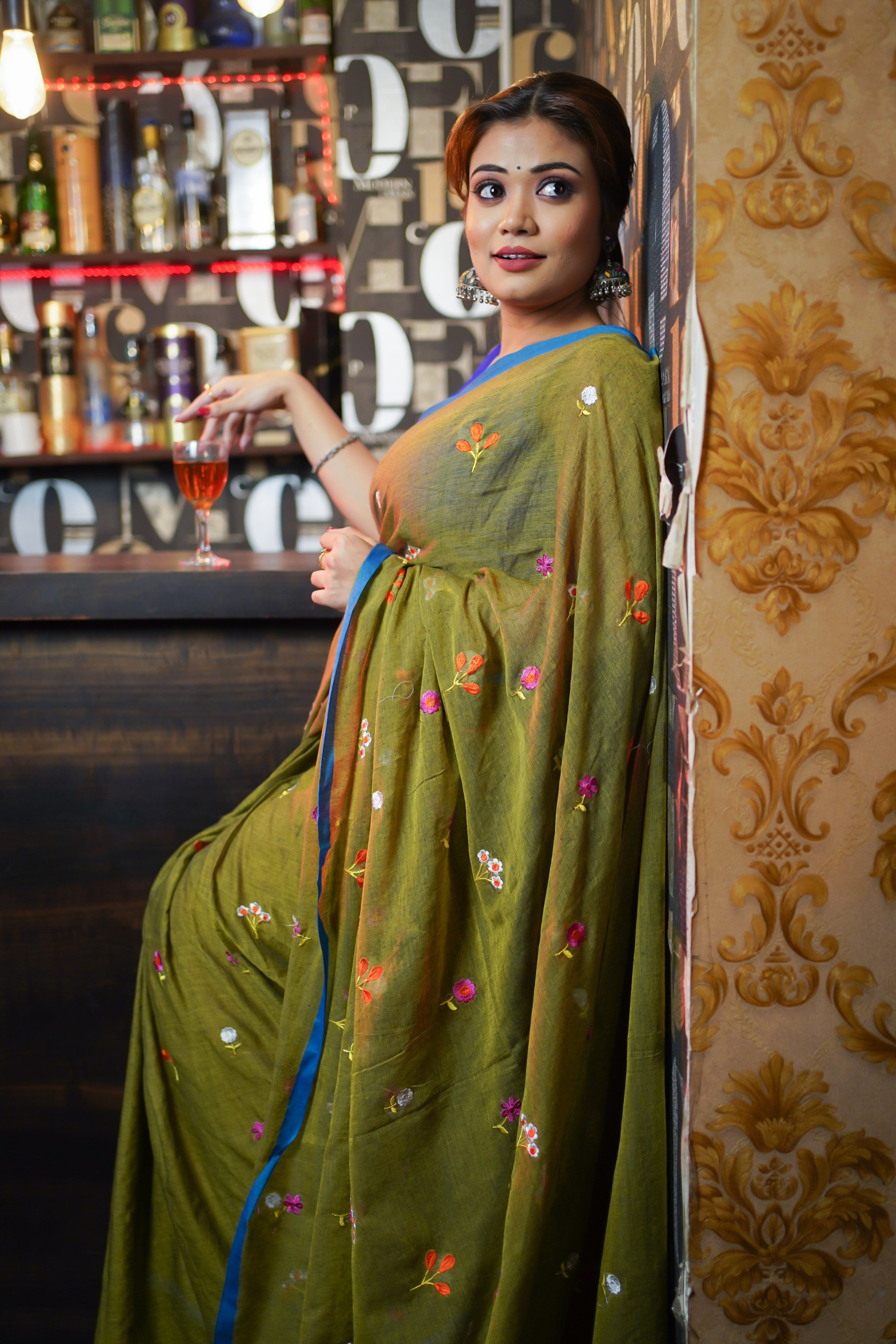 Olive embroidered mulmul cotton saree