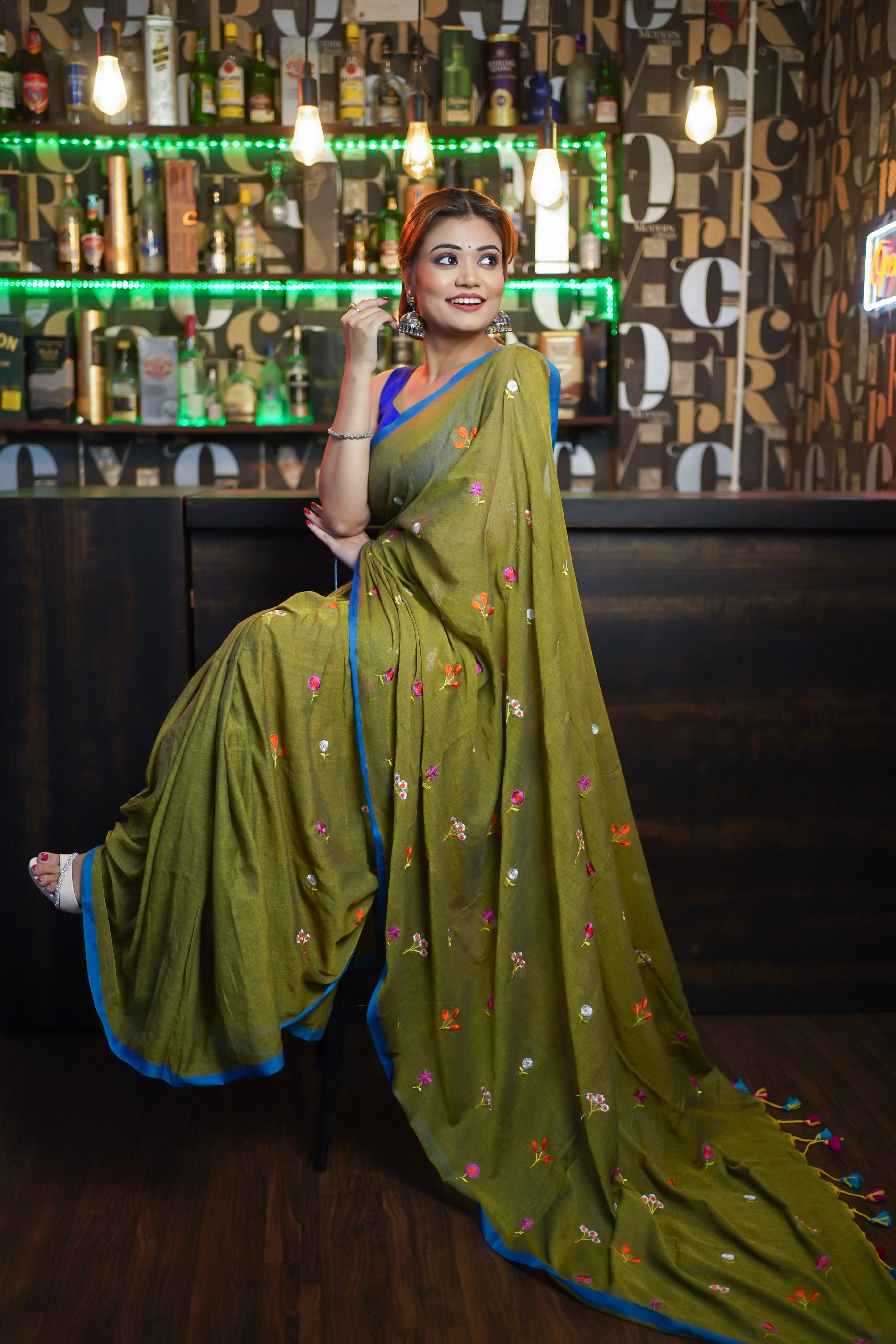 Olive embroidered mulmul cotton saree