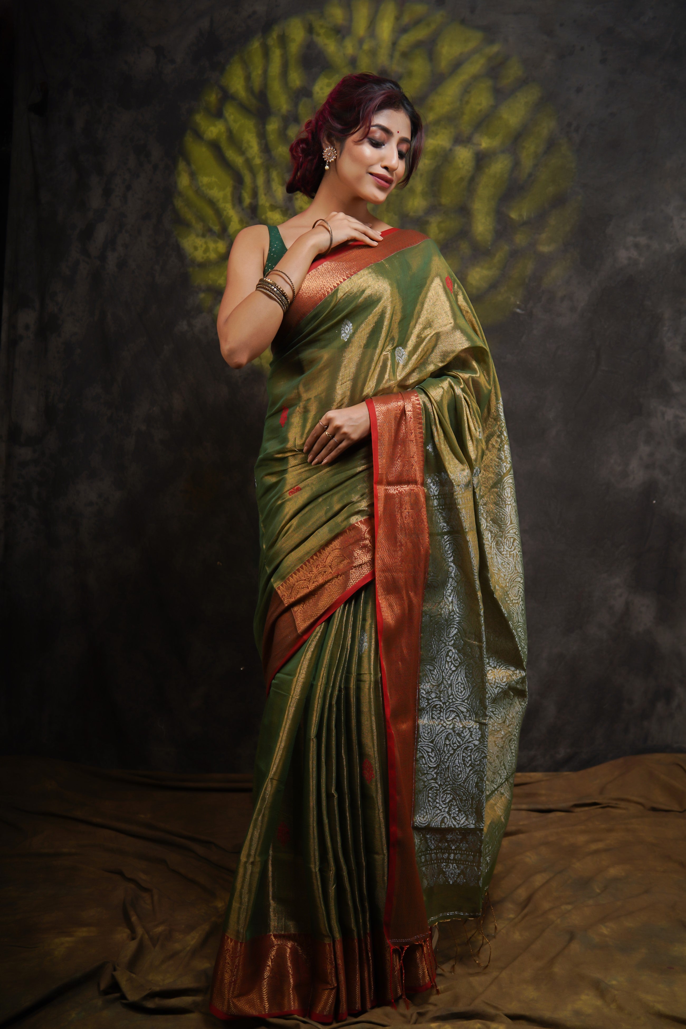 Metallic Olive Tissue Linen Handwoven Saree