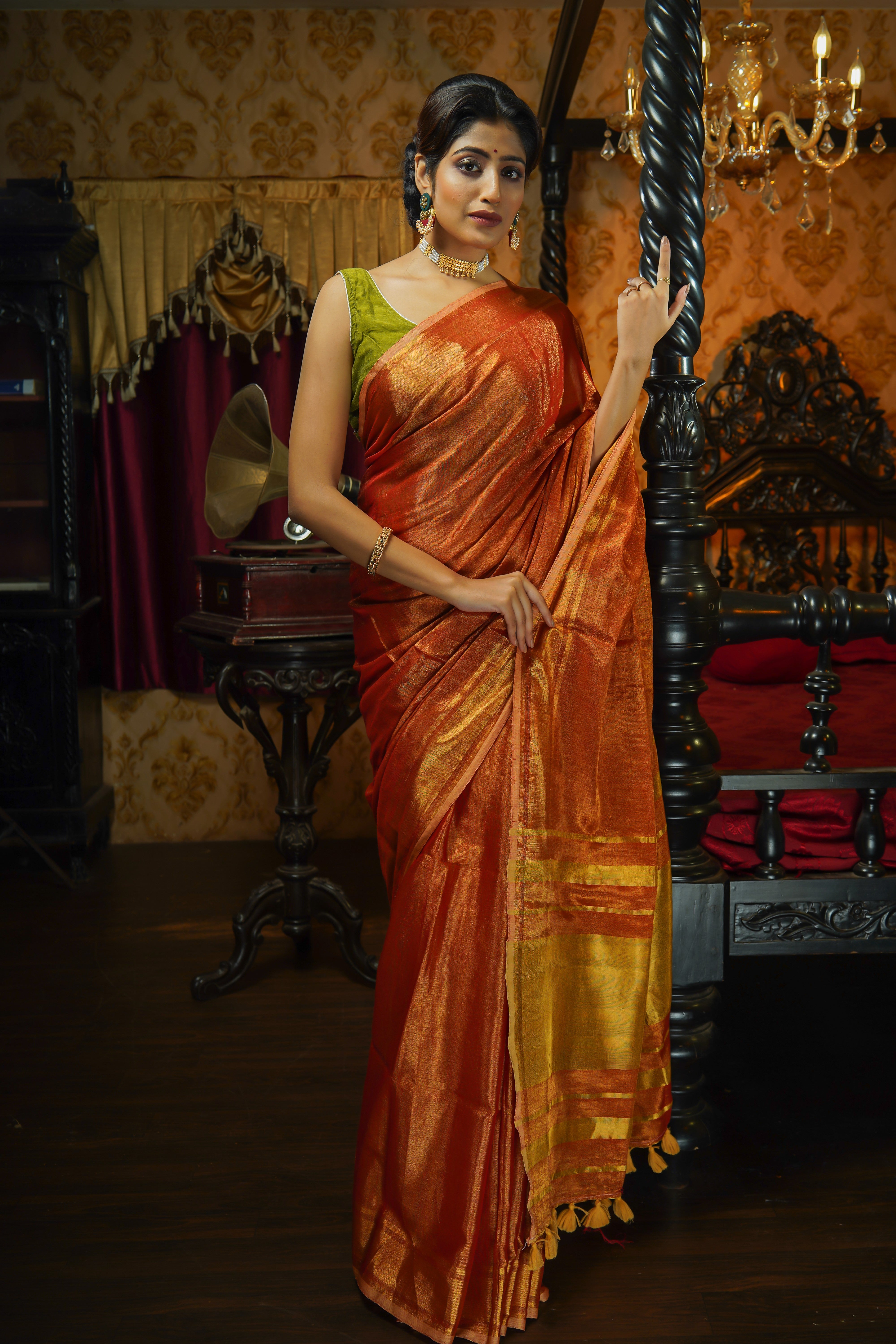 Orange Dual Tone Pure Tissue Linen Saree