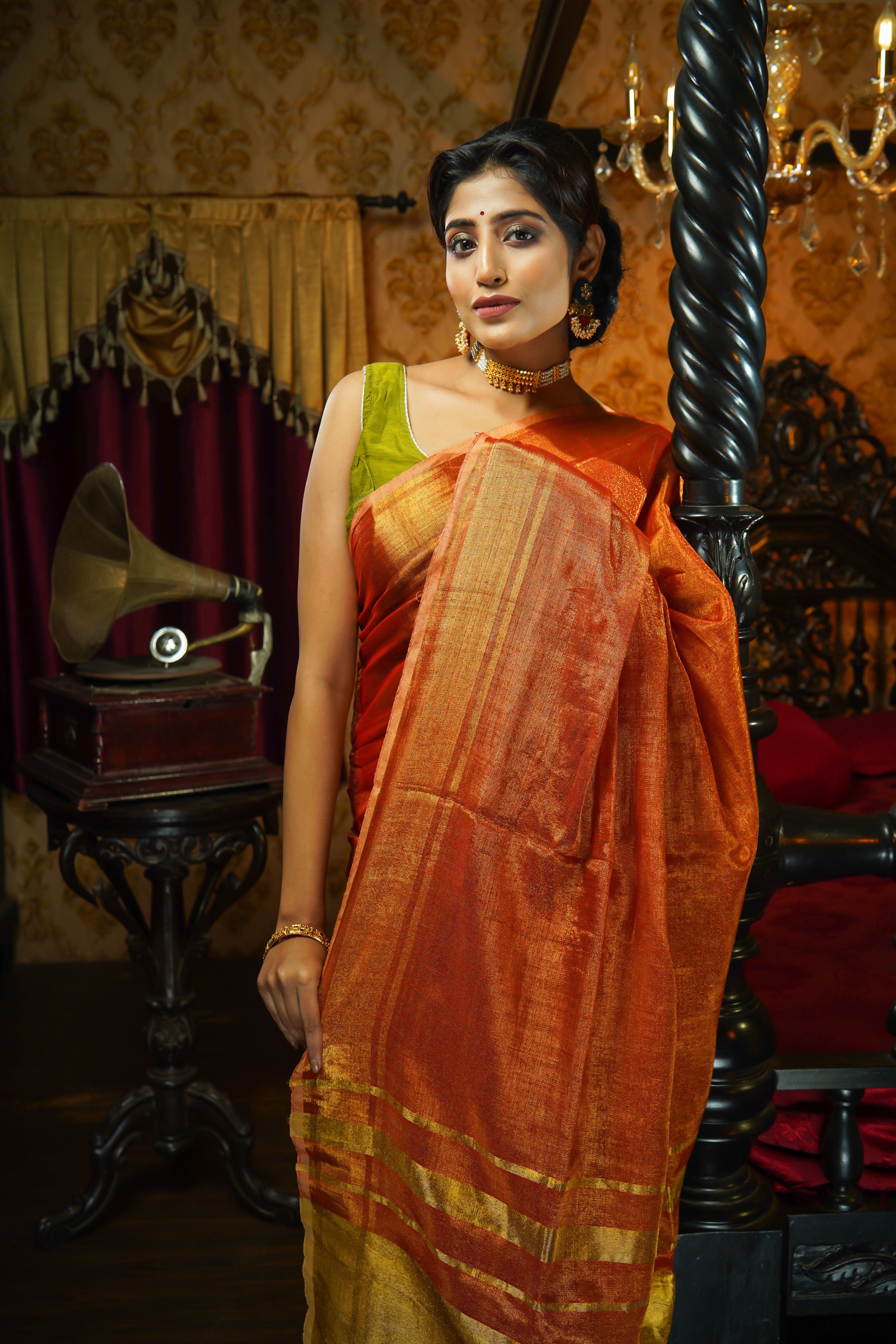 Orange Dual Tone Pure Tissue Linen Saree