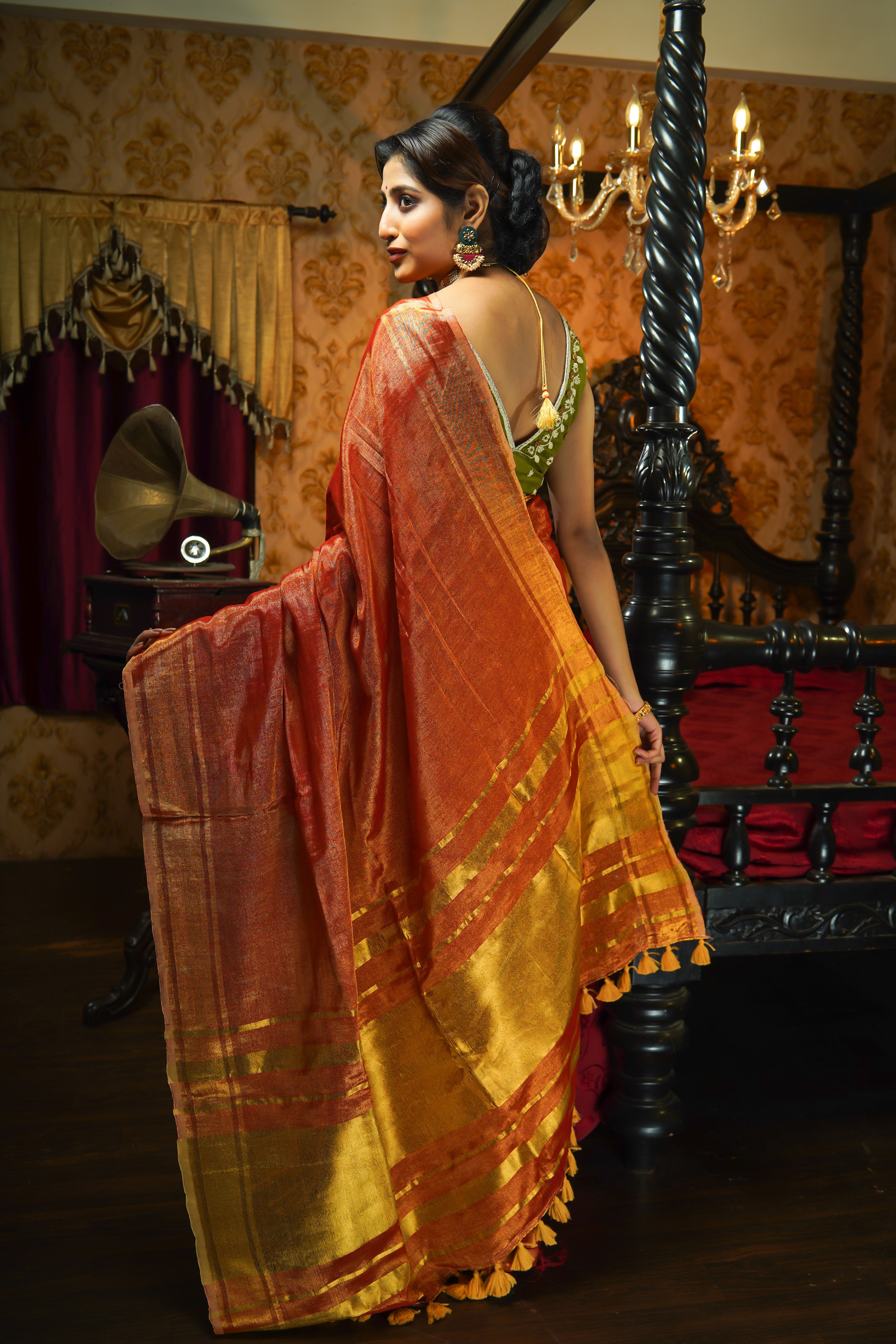 Orange Dual Tone Pure Tissue Linen Saree