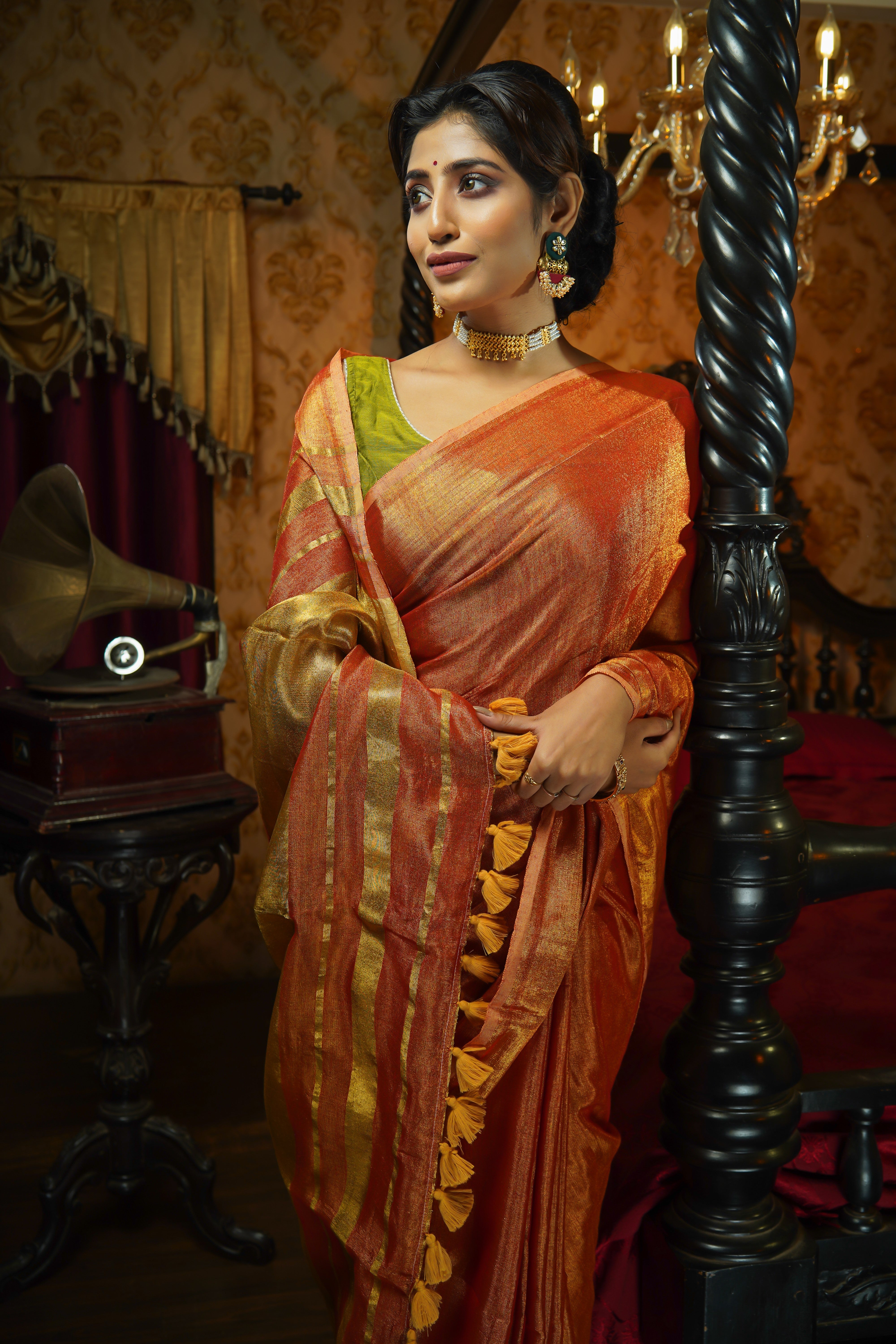 Orange Dual Tone Pure Tissue Linen Saree