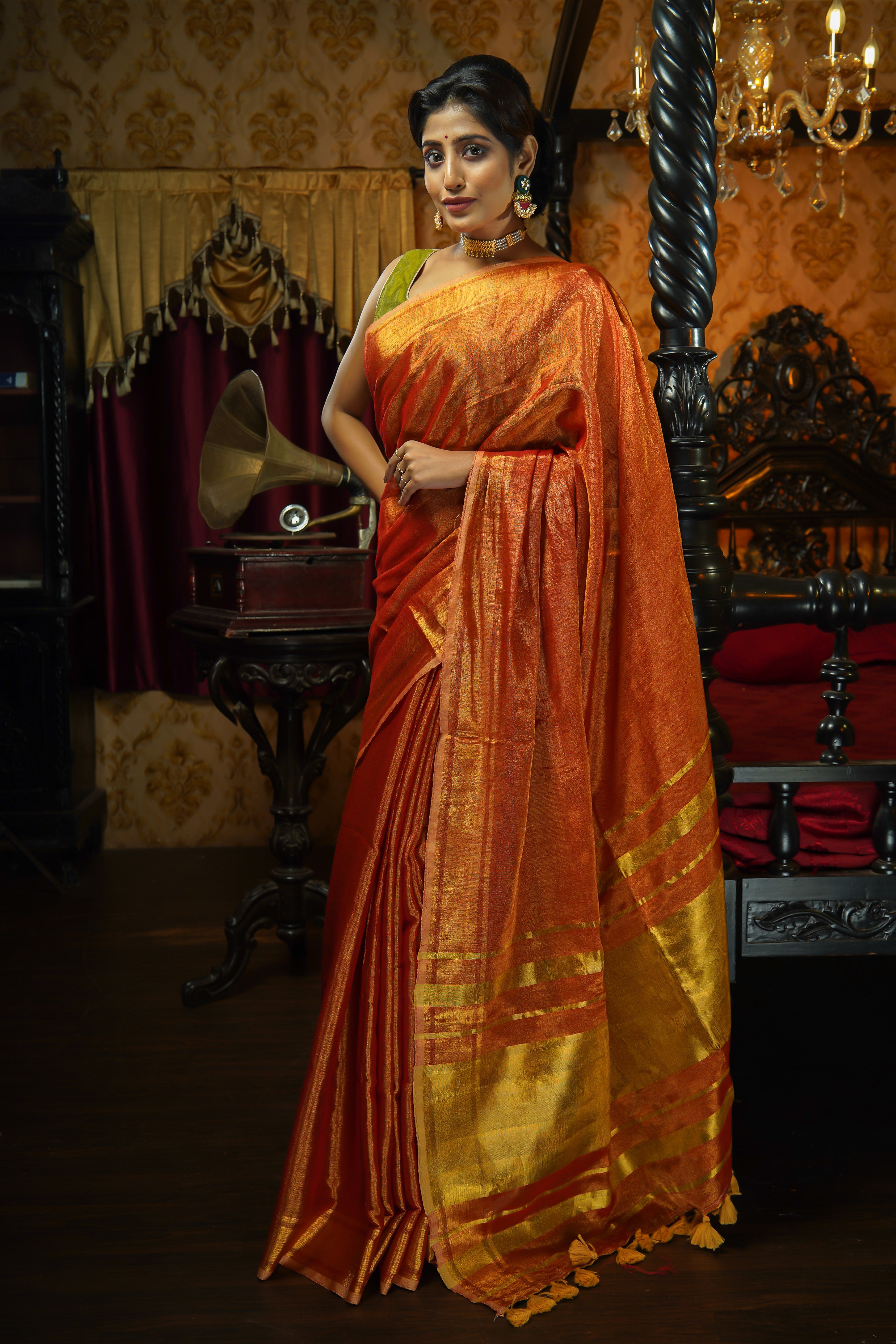 Orange Dual Tone Pure Tissue Linen Saree