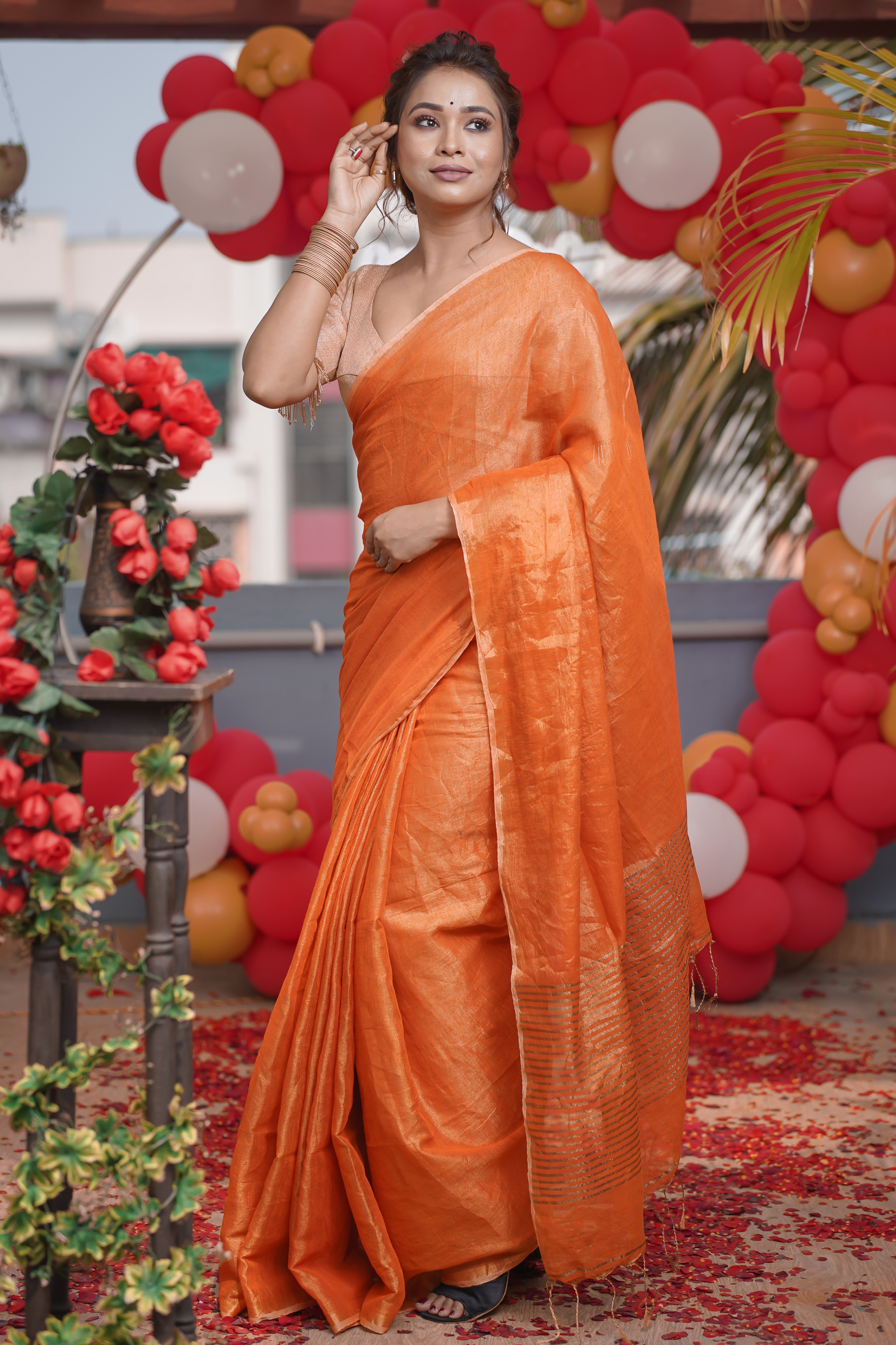 Orange Dual Tone Pure Tissue Linen Saree