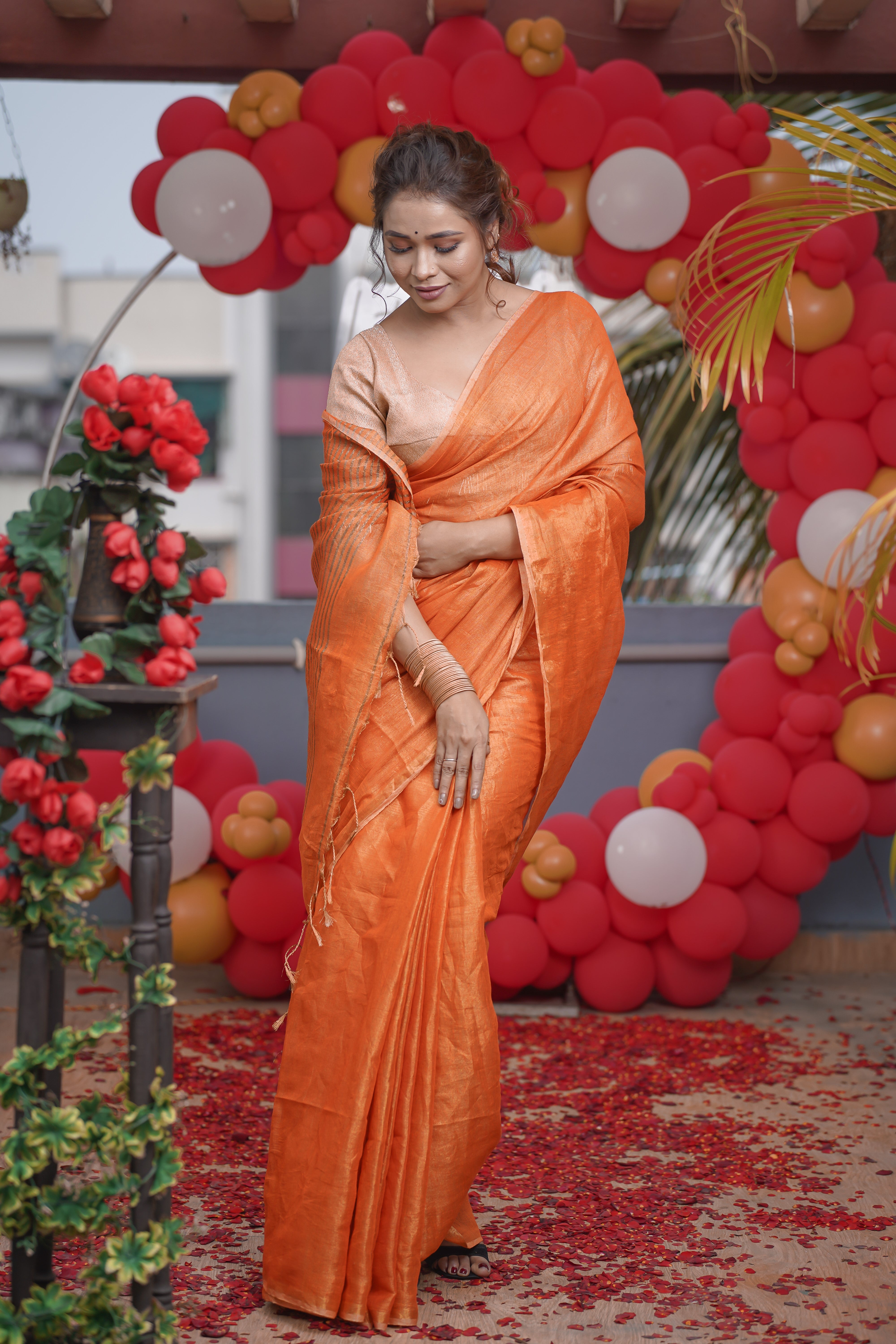 Orange Dual Tone Pure Tissue Linen Saree