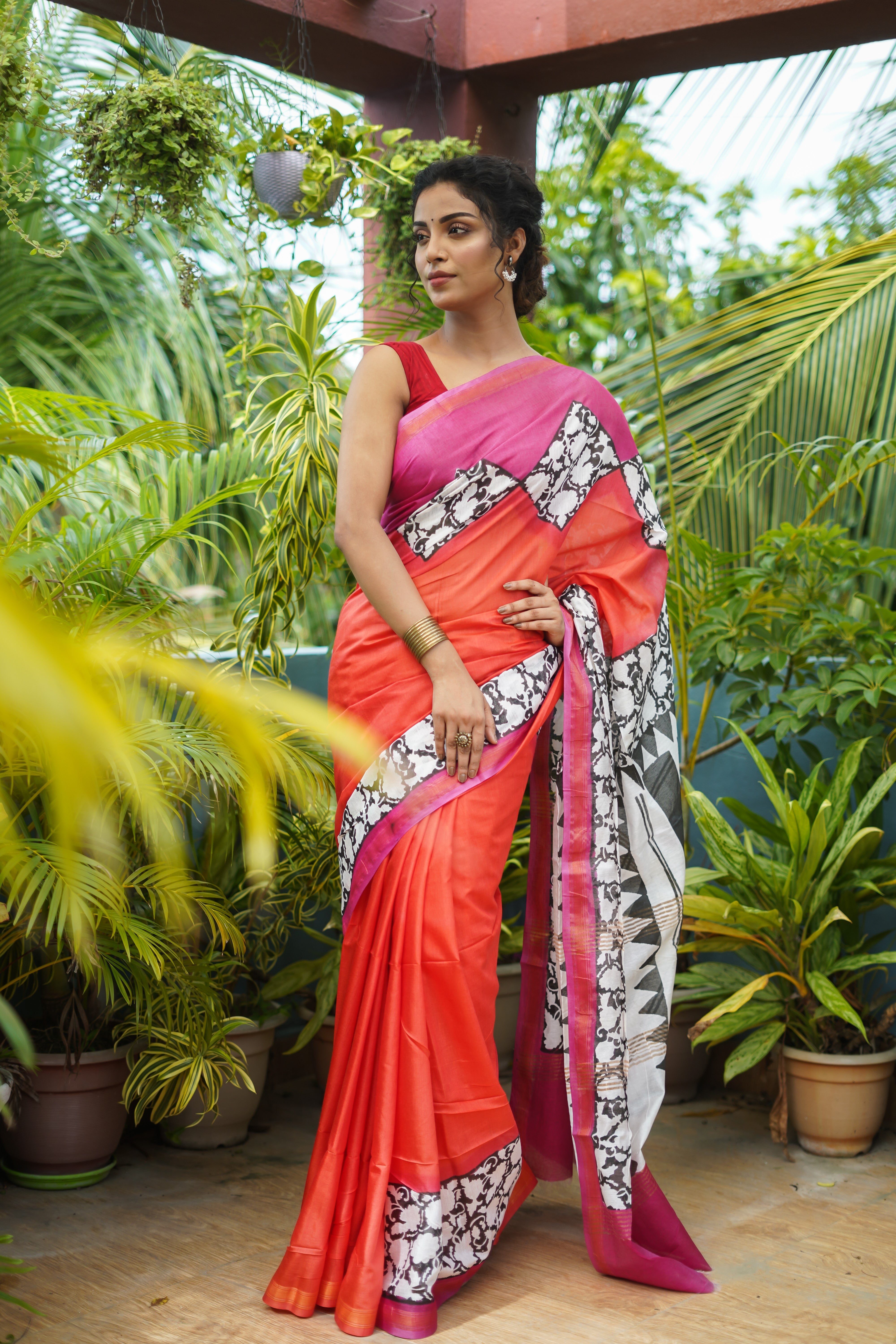 Orange Multi Color Hand Block Pure Chanderi Silk Saree