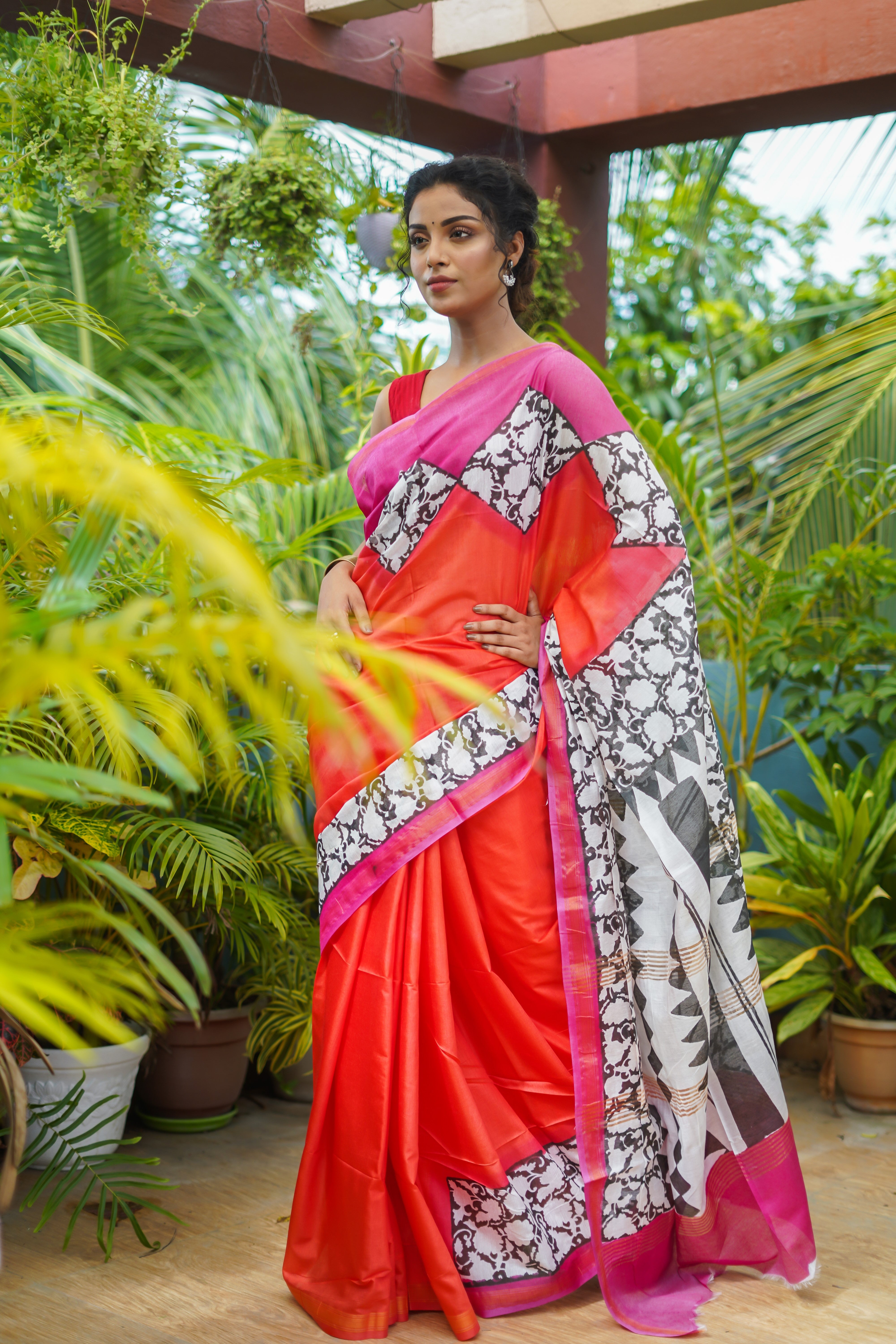 Orange Multi Color Hand Block Pure Chanderi Silk Saree