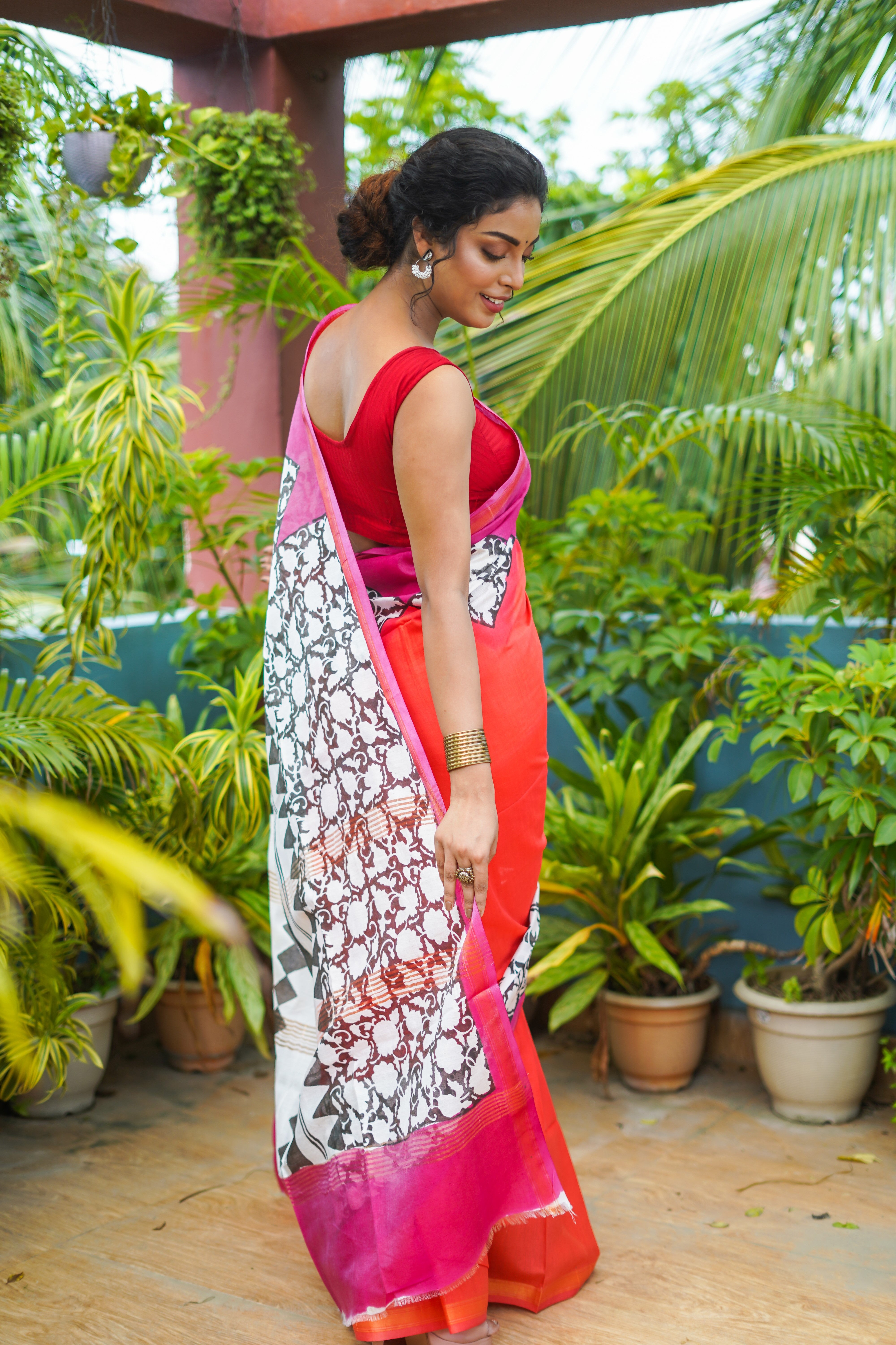 Orange Multi Color Hand Block Pure Chanderi Silk Saree