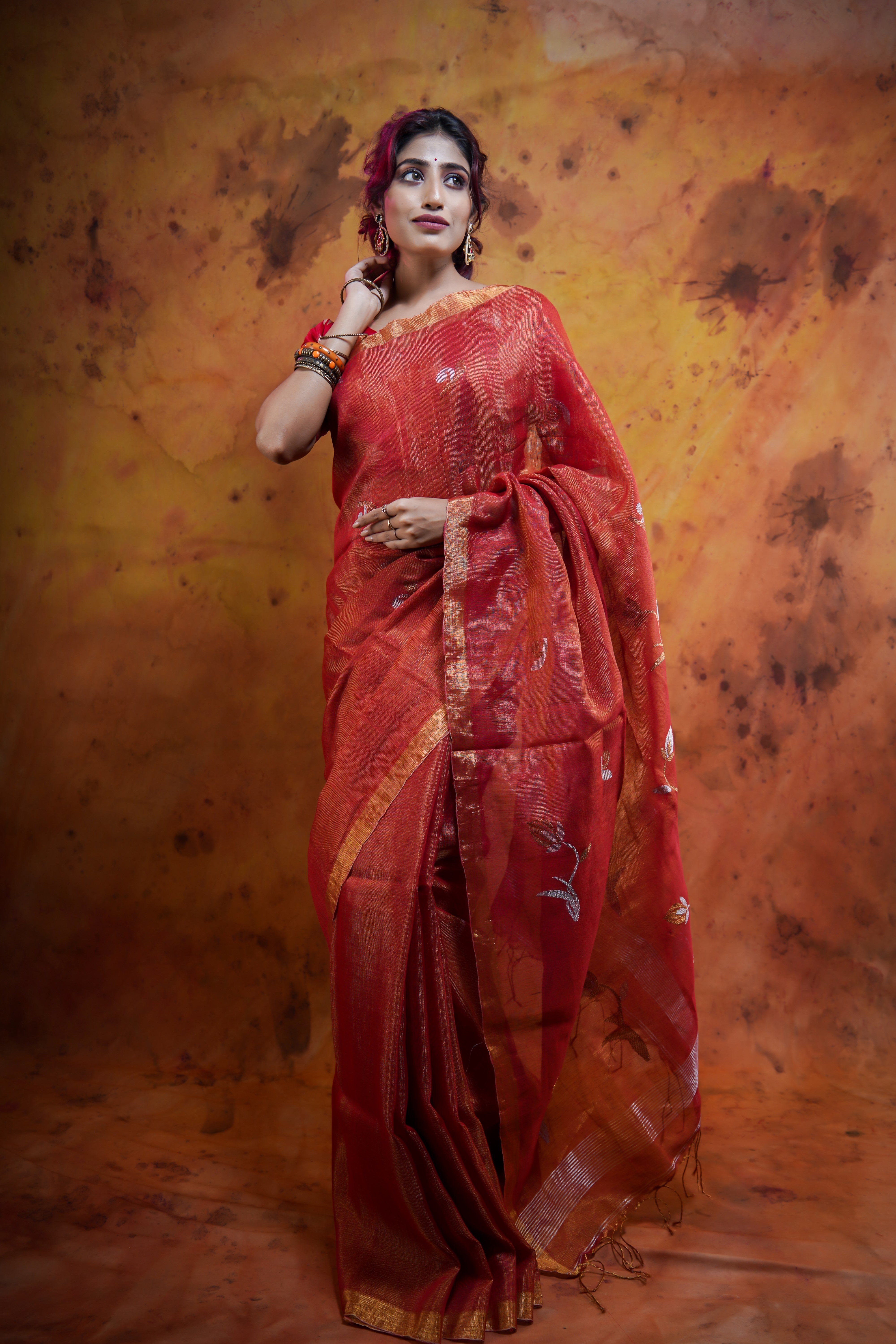 Orange Pure Tissue Linen Handwoven Tulip Saree