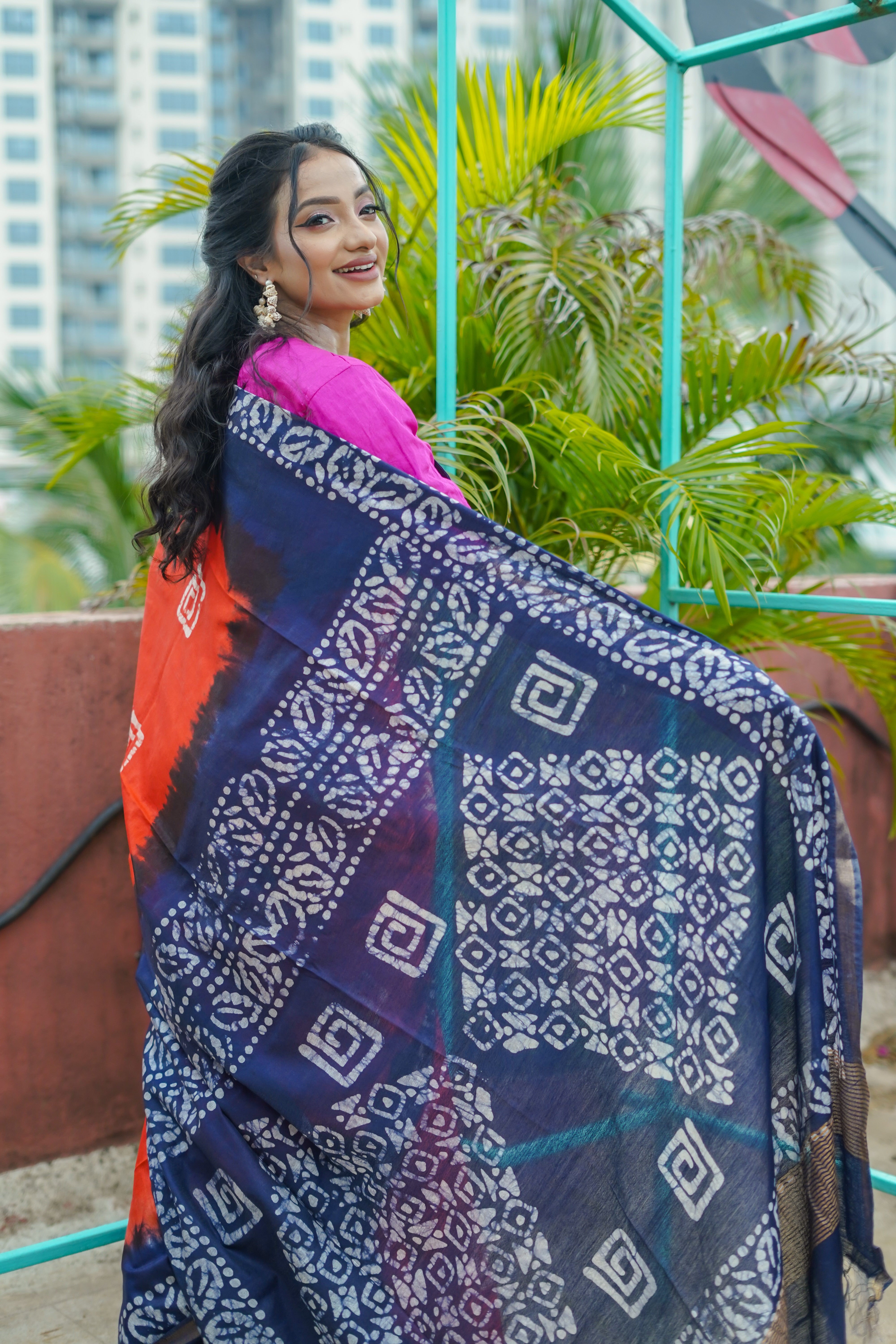 Orange Batik Hand Block Pure Chanderi Silk Saree