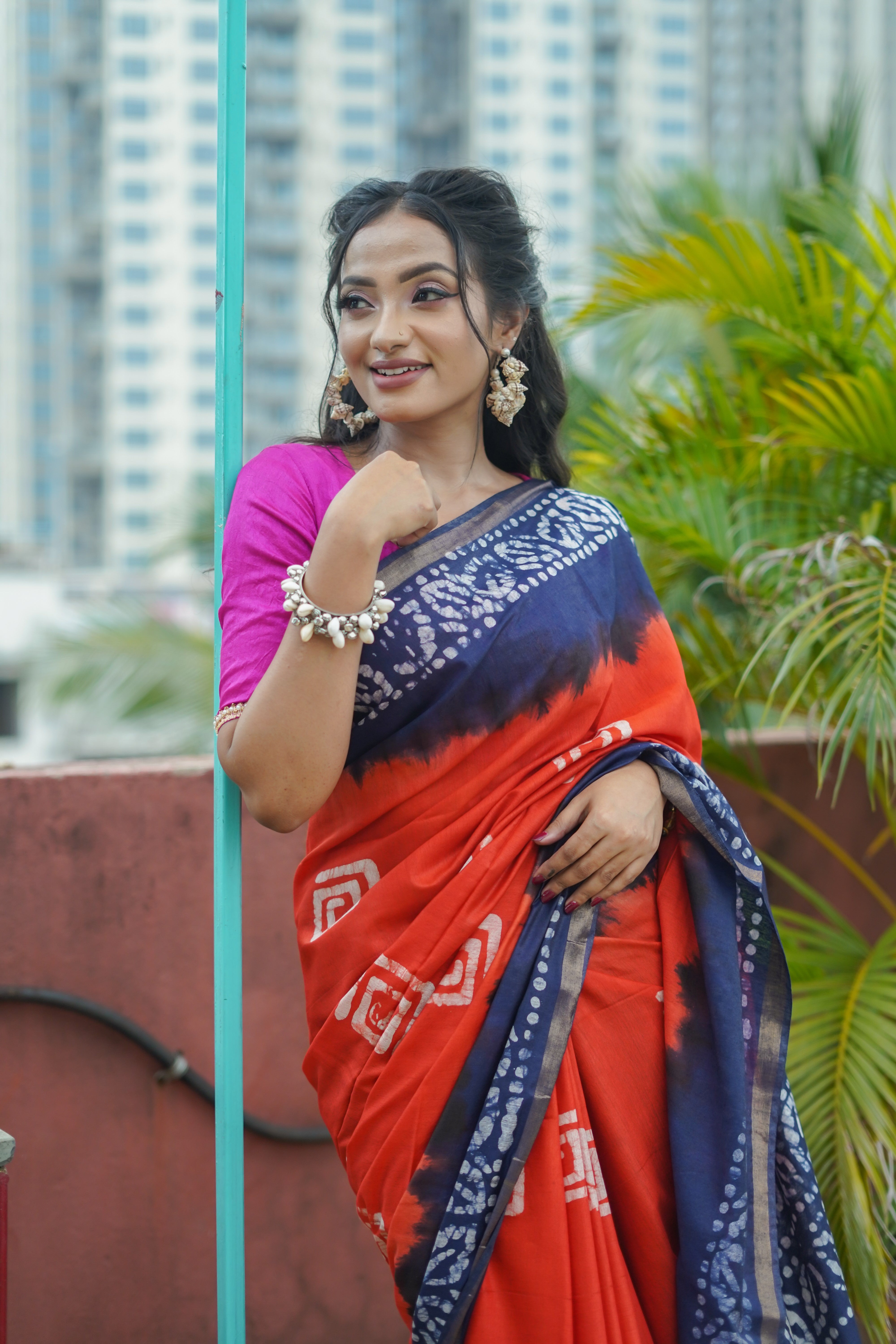 Orange Batik Hand Block Pure Chanderi Silk Saree