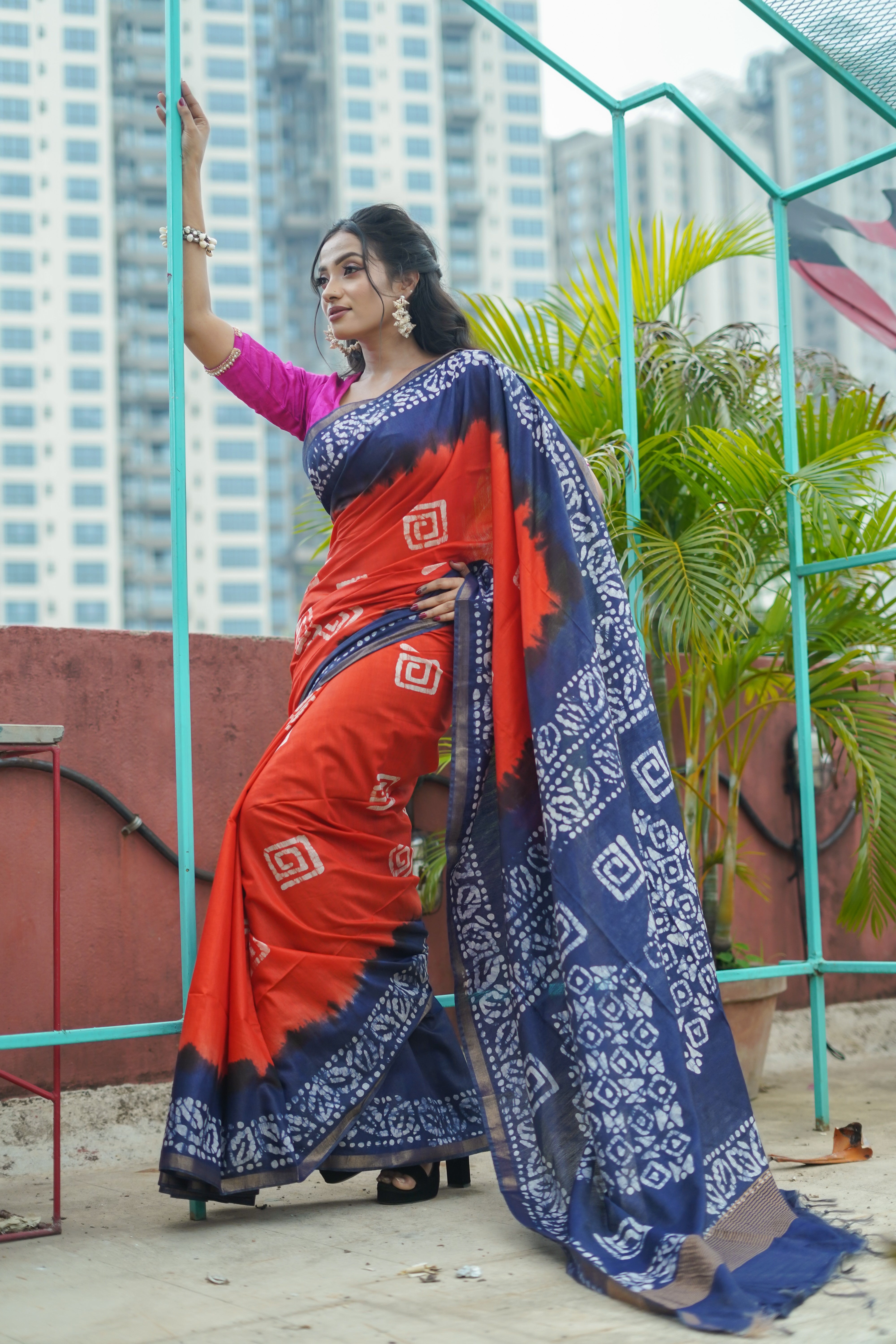 Orange Batik Hand Block Pure Chanderi Silk Saree