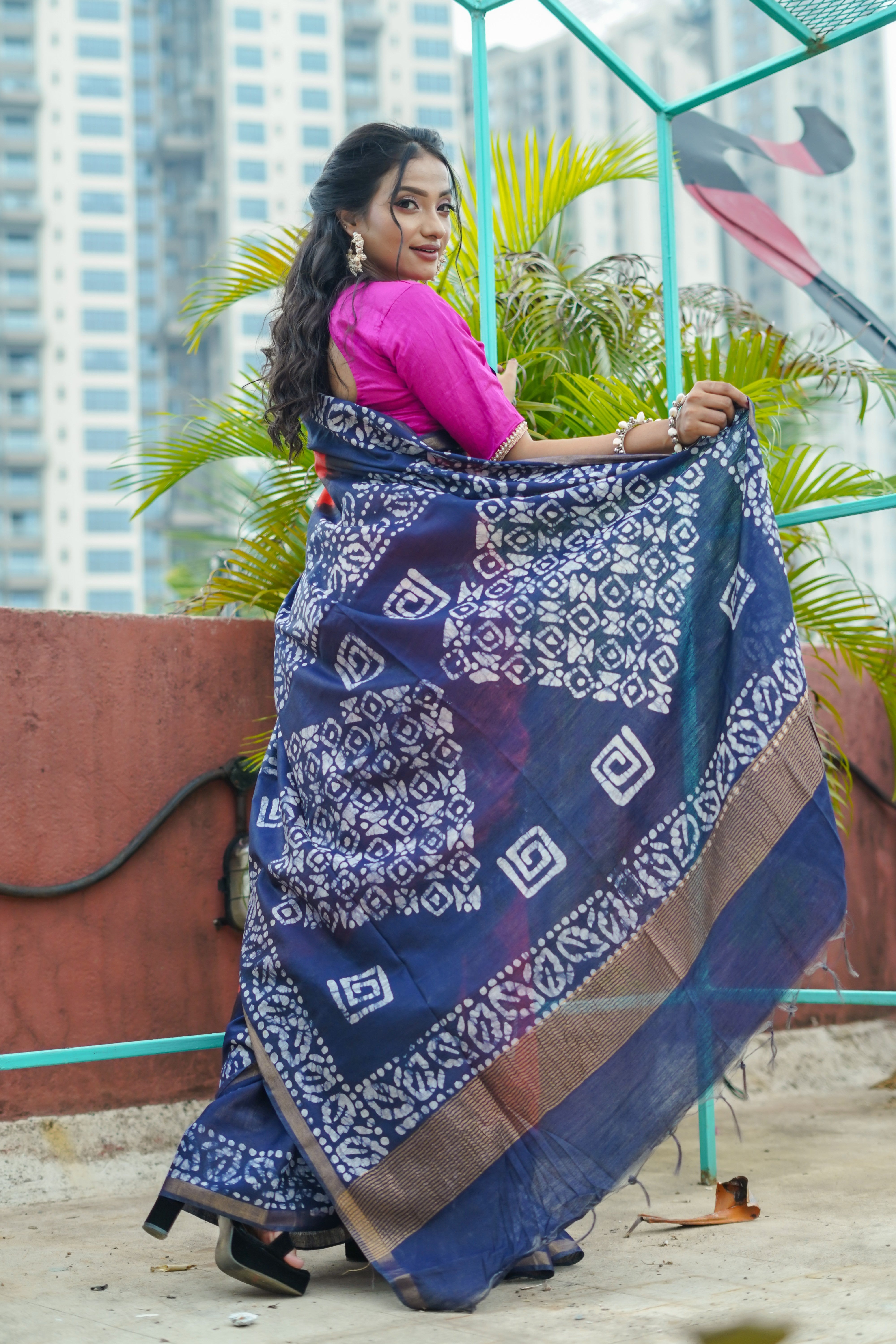 Orange Batik Hand Block Pure Chanderi Silk Saree