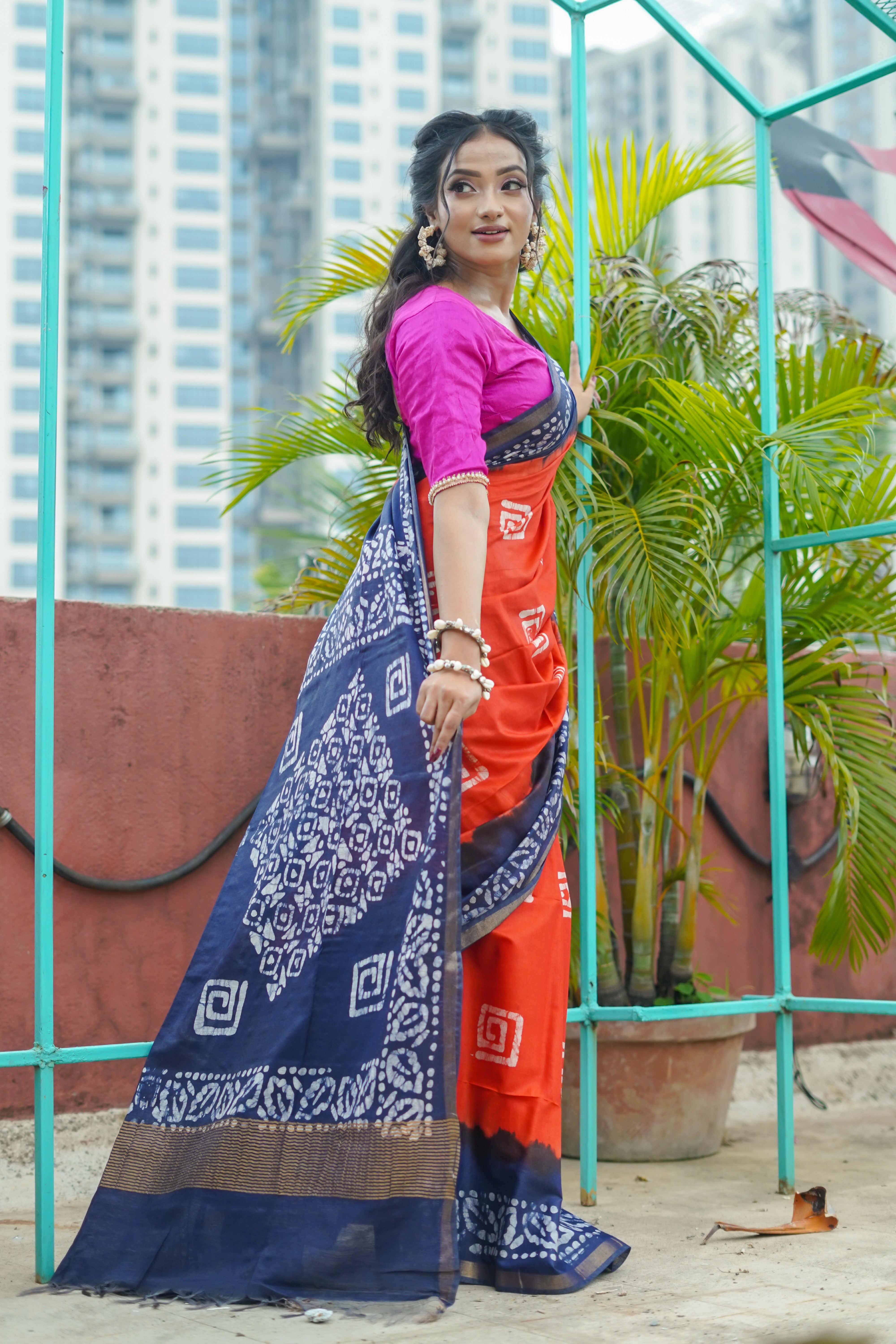 Orange Batik Hand Block Pure Chanderi Silk Saree