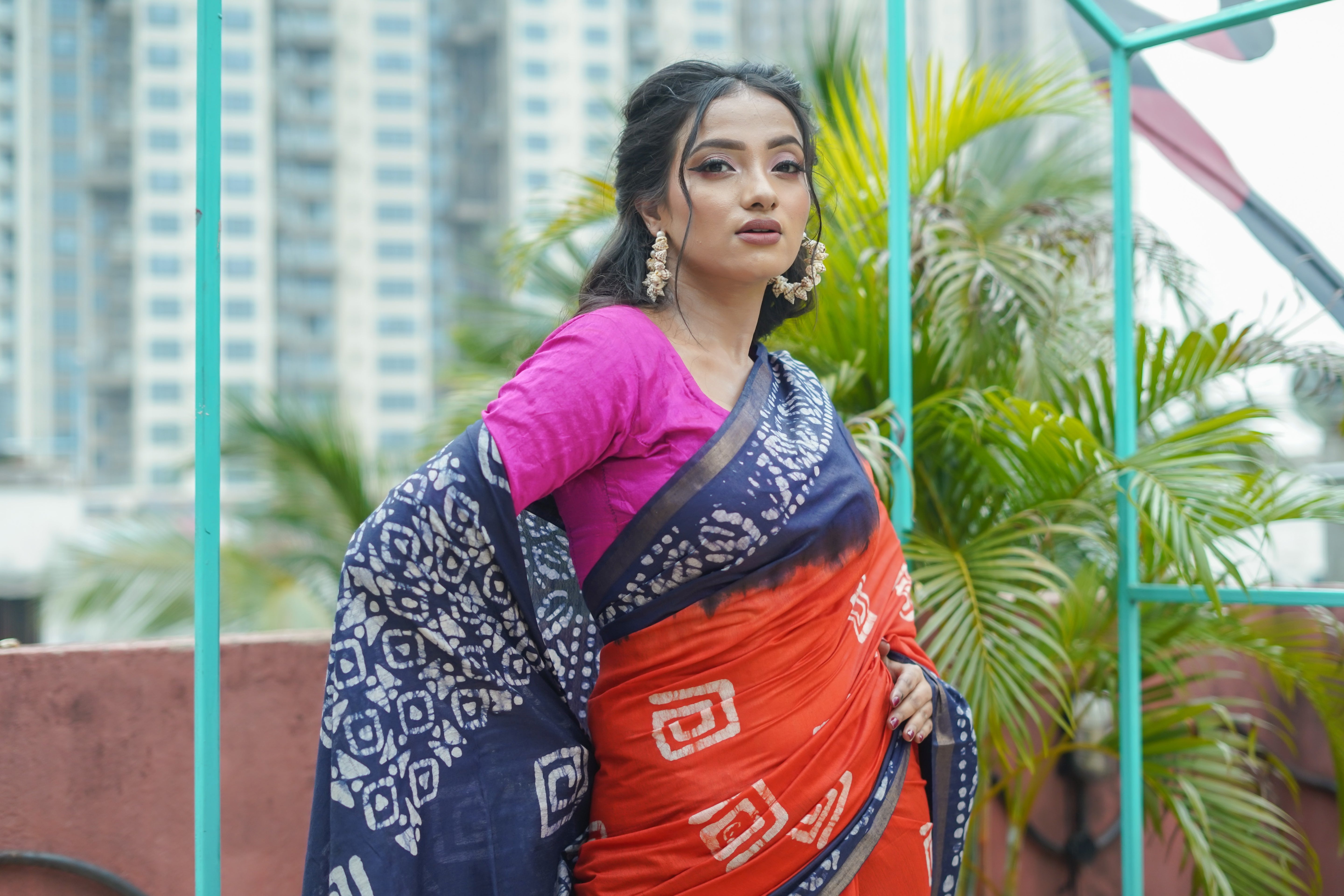 Orange Batik Hand Block Pure Chanderi Silk Saree