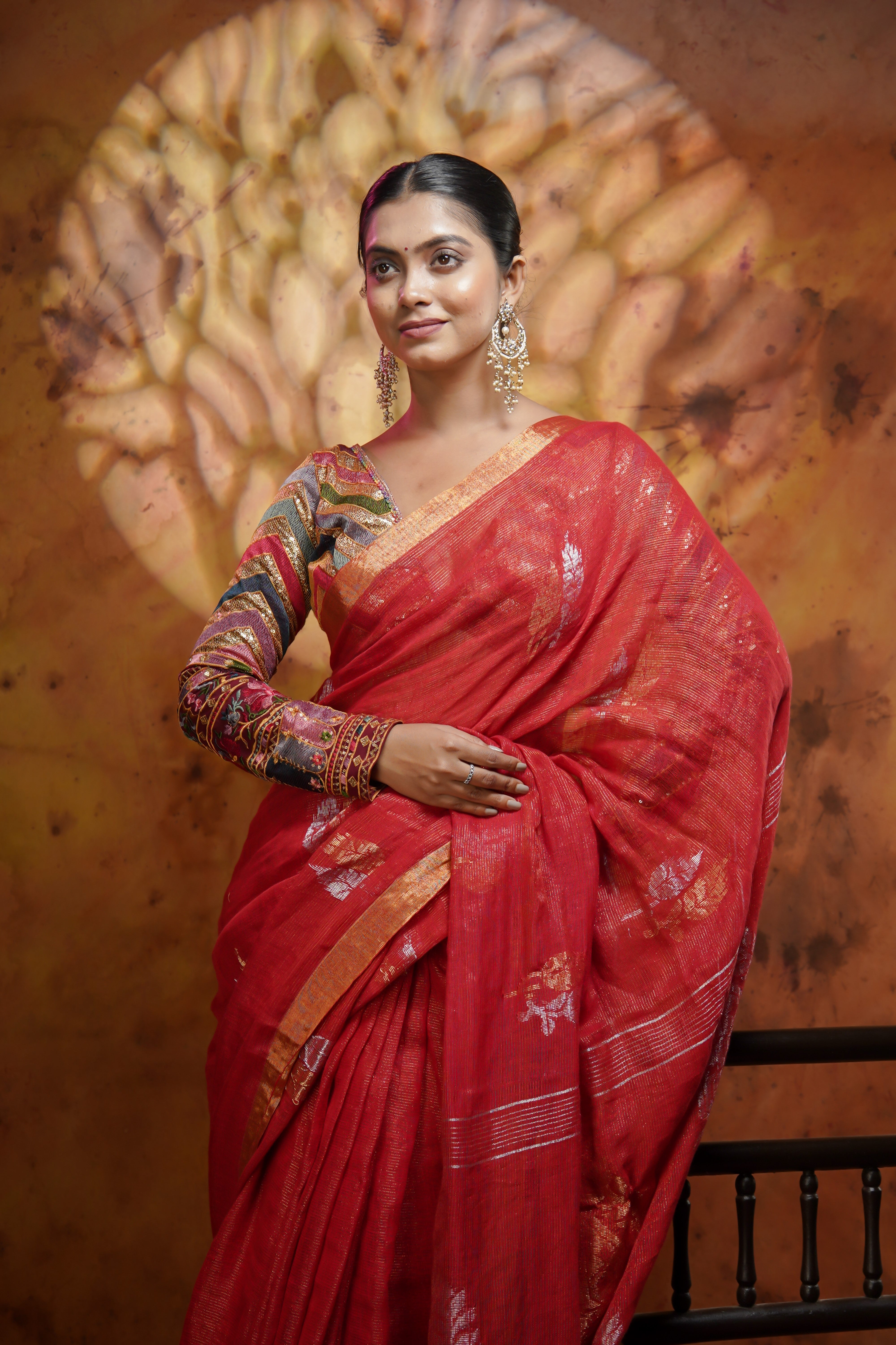 Orange Pure Linen Hand woven Saree with Floral Design