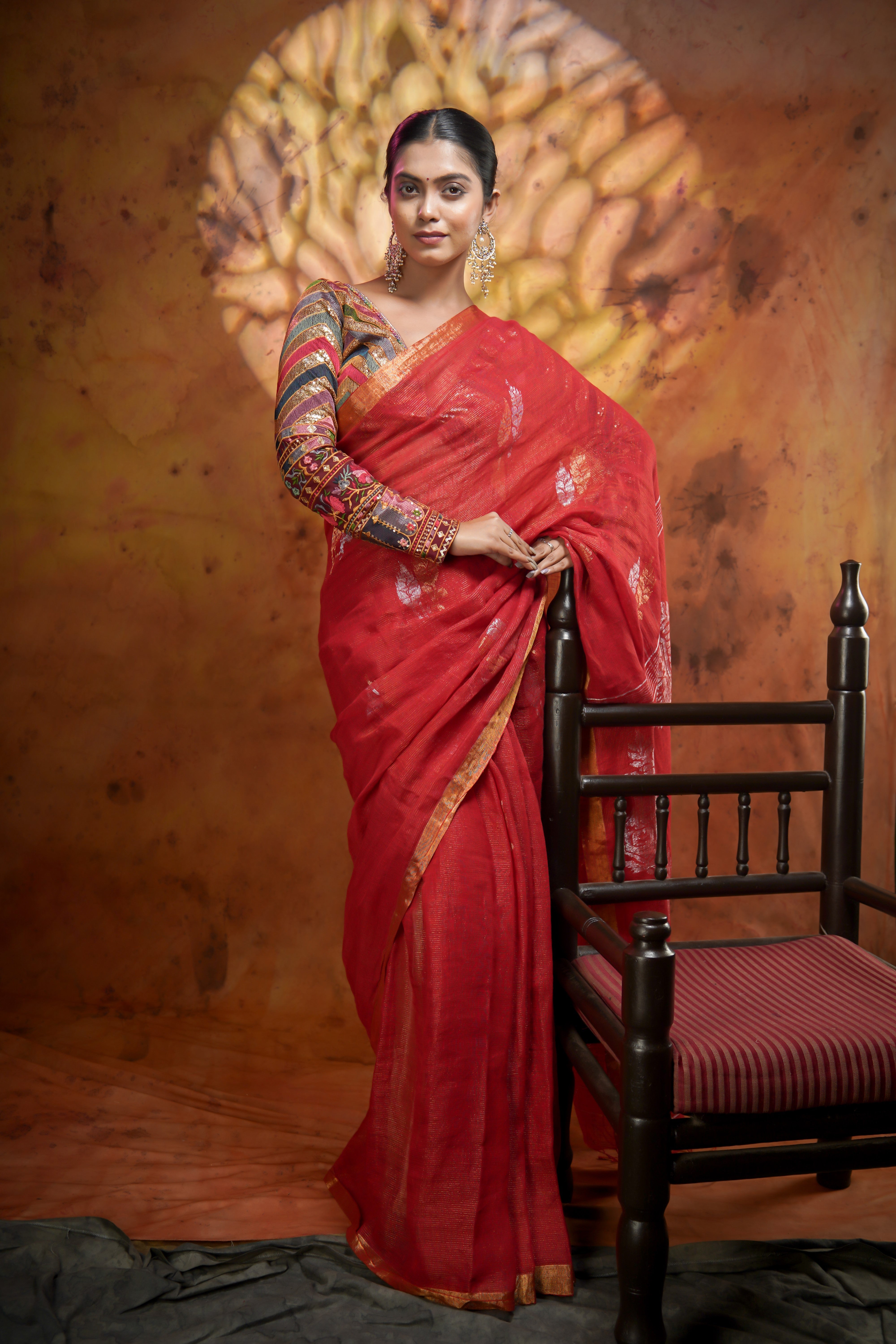 Orange Pure Linen Hand woven Saree with Floral Design