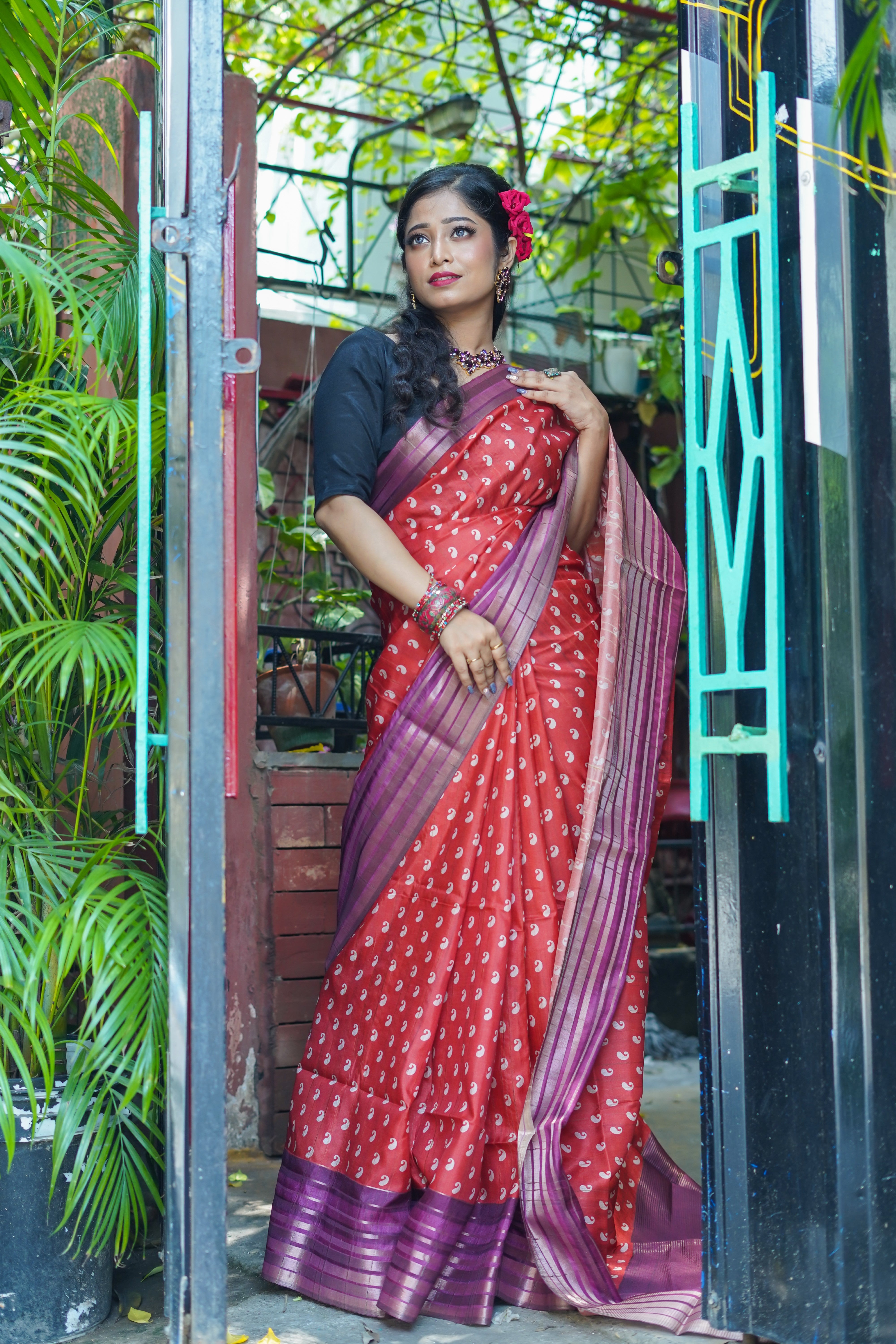 Orange kolka printed Semi Tussar silk saree