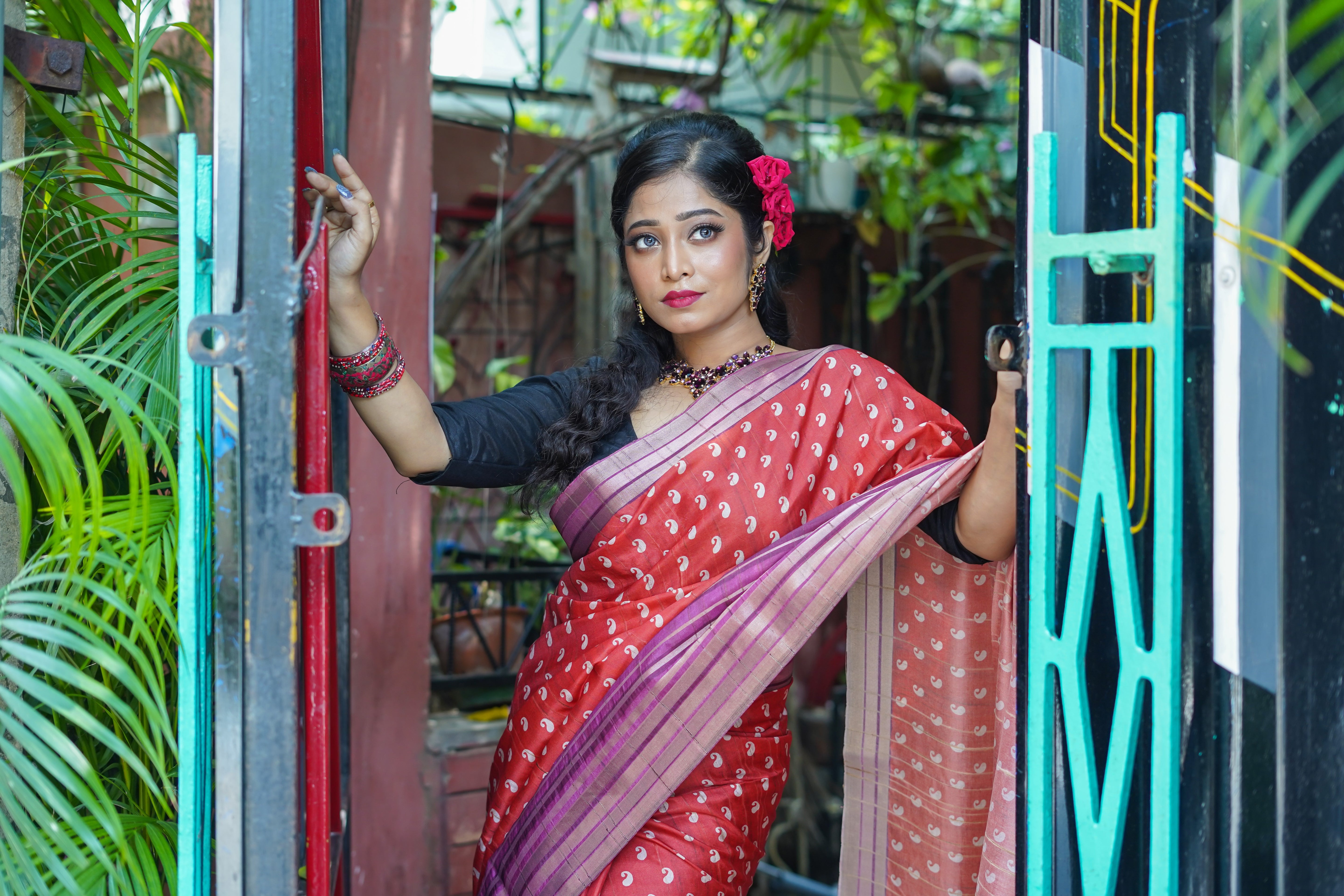 Orange kolka printed Semi Tussar silk saree