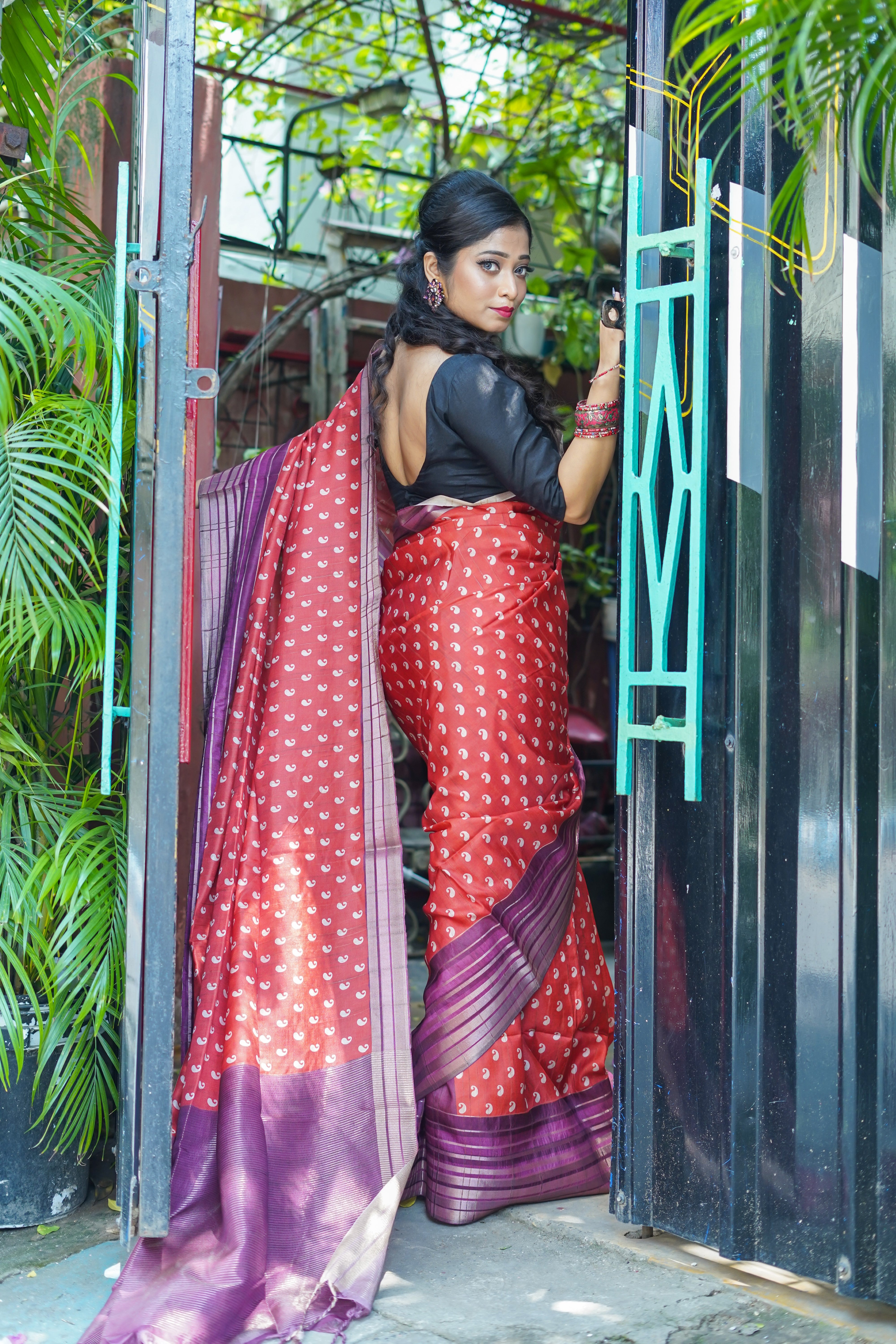 Orange kolka printed Semi Tussar silk saree