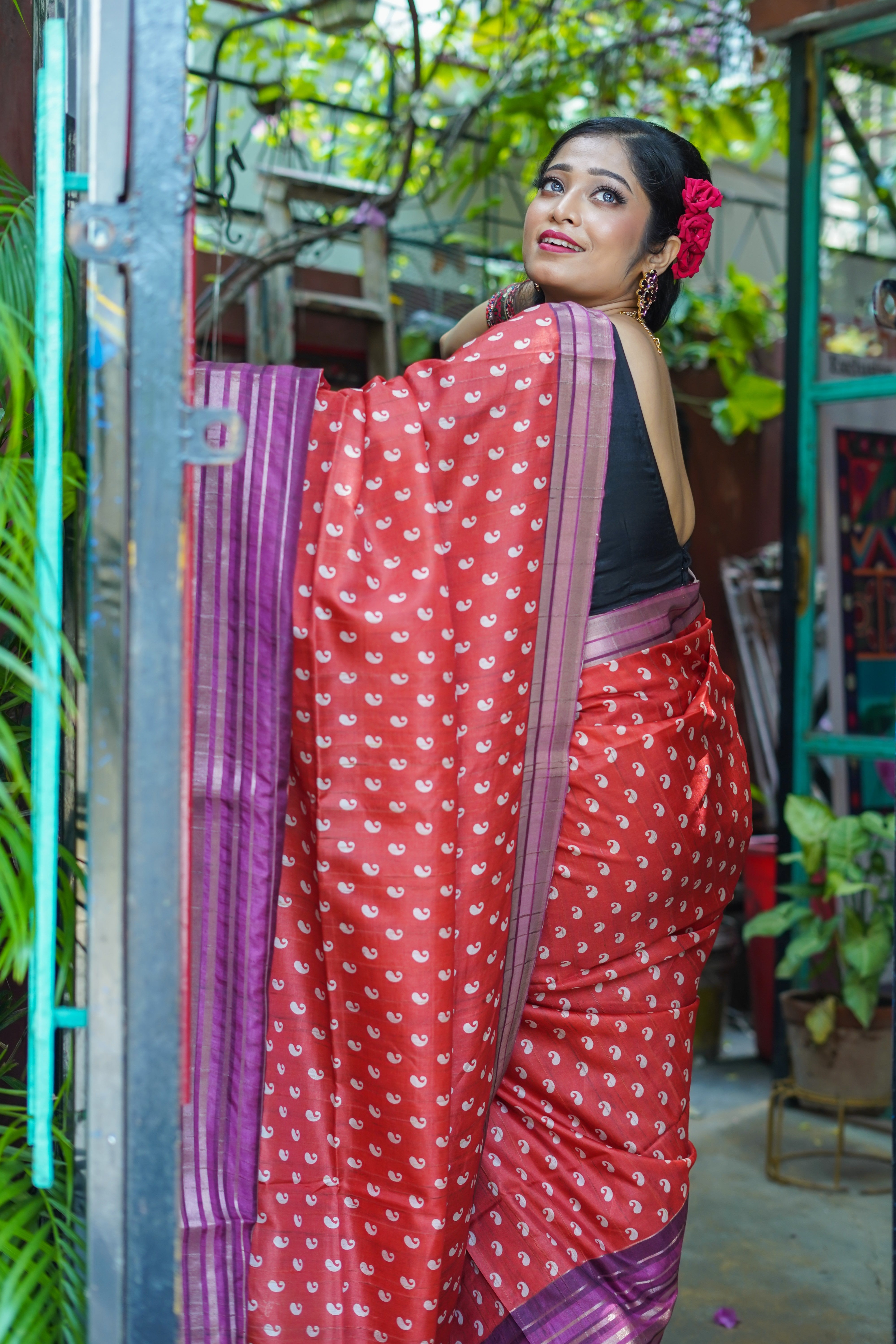 Orange kolka printed Semi Tussar silk saree