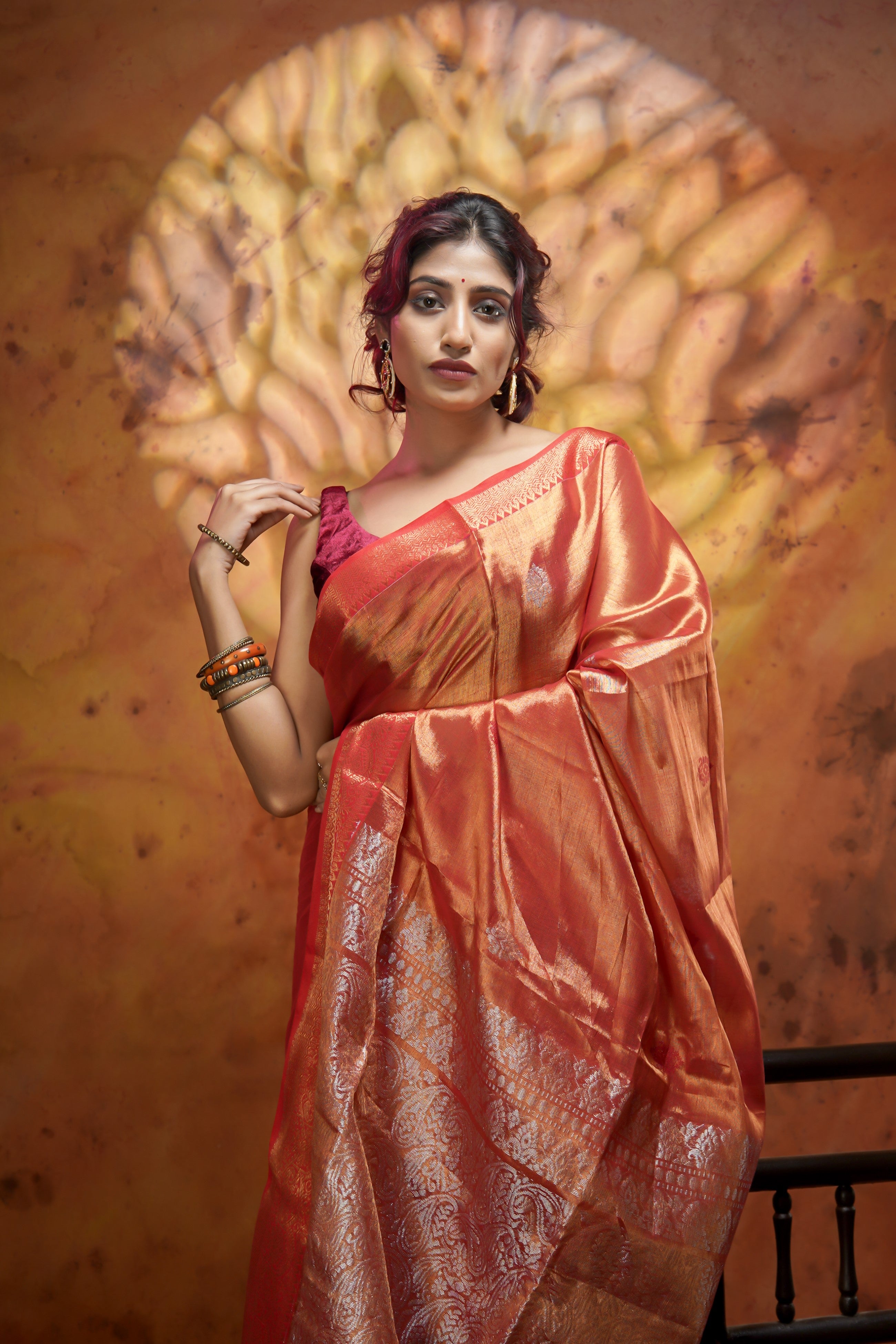 Metallic Orange Tissue Linen Handwoven Saree