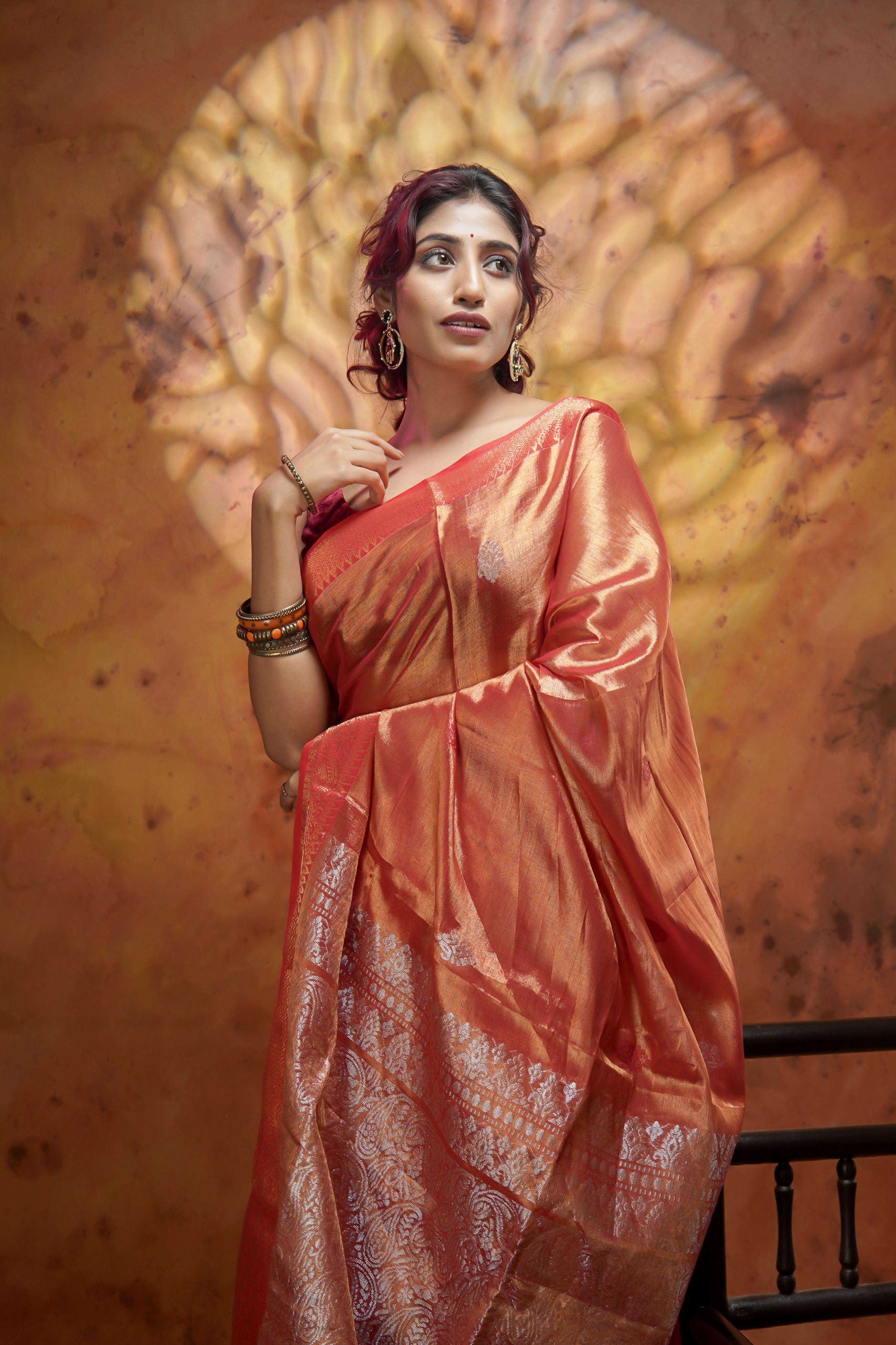 Metallic Orange Tissue Linen Handwoven Saree