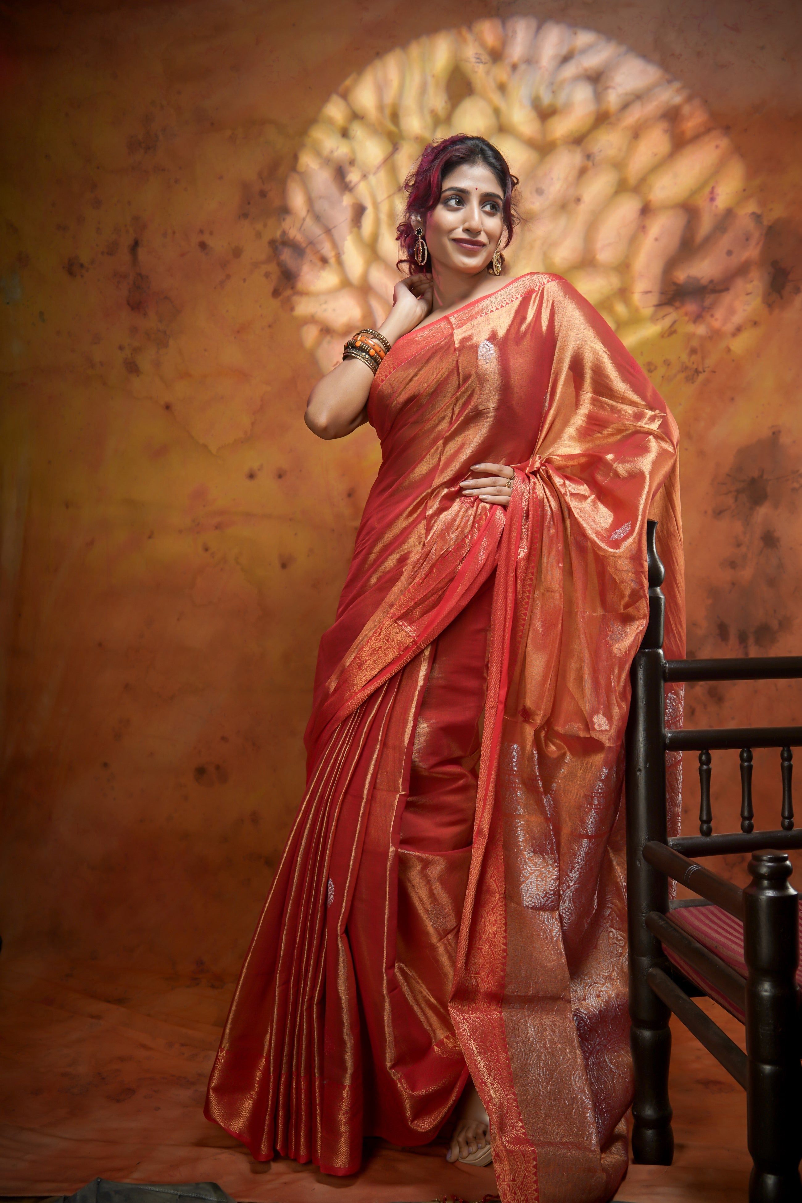 Metallic Orange Tissue Linen Handwoven Saree