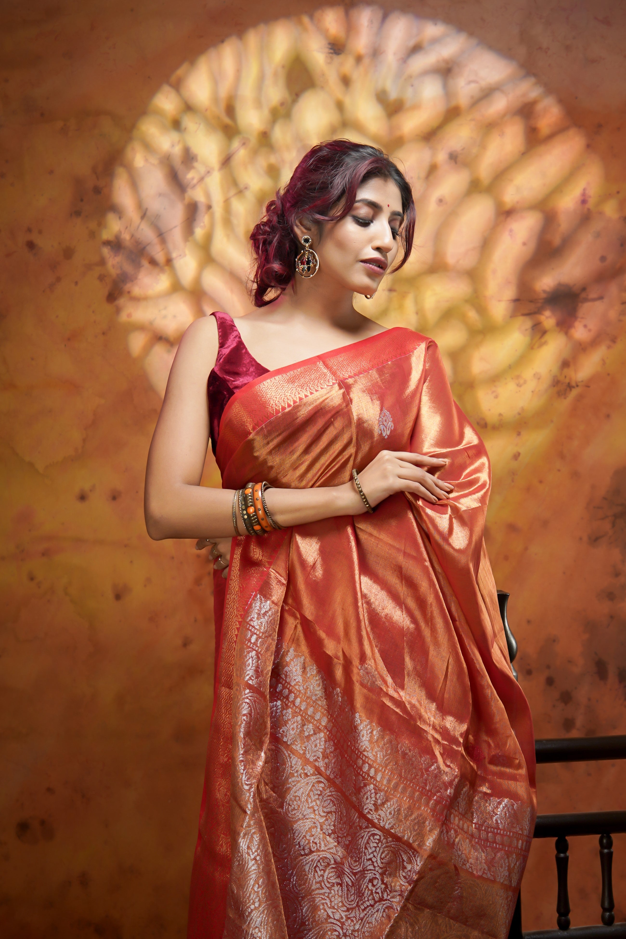 Metallic Orange Tissue Linen Handwoven Saree