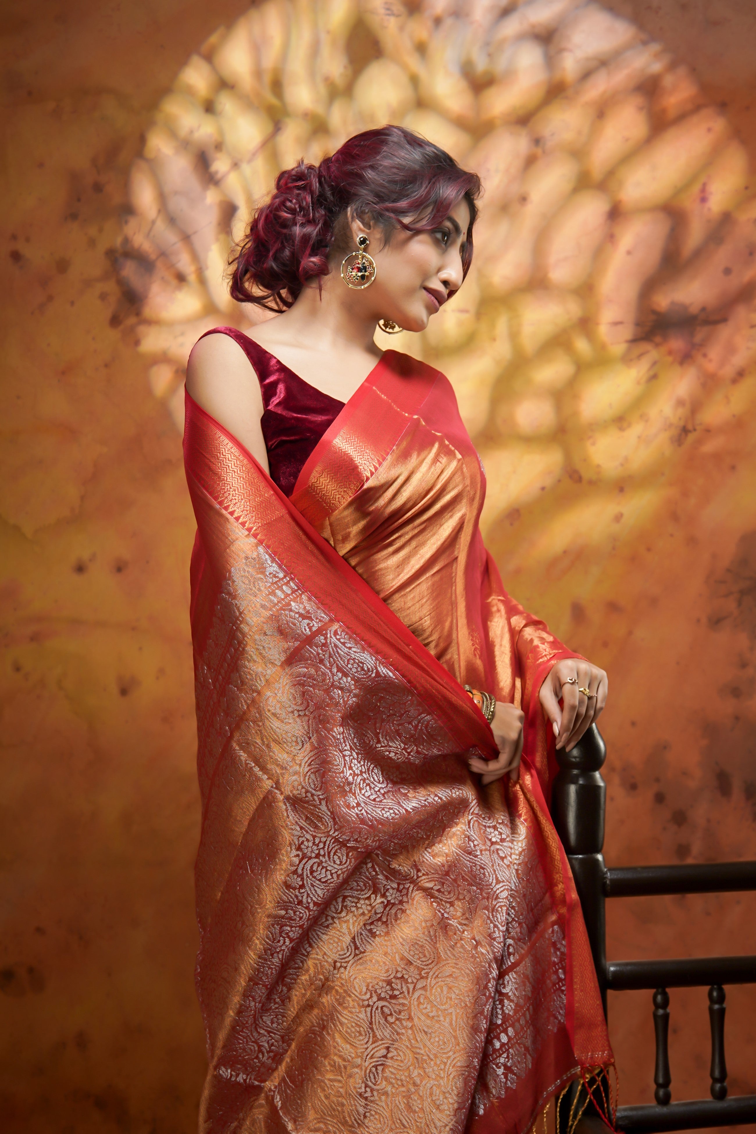 Metallic Orange Tissue Linen Handwoven Saree