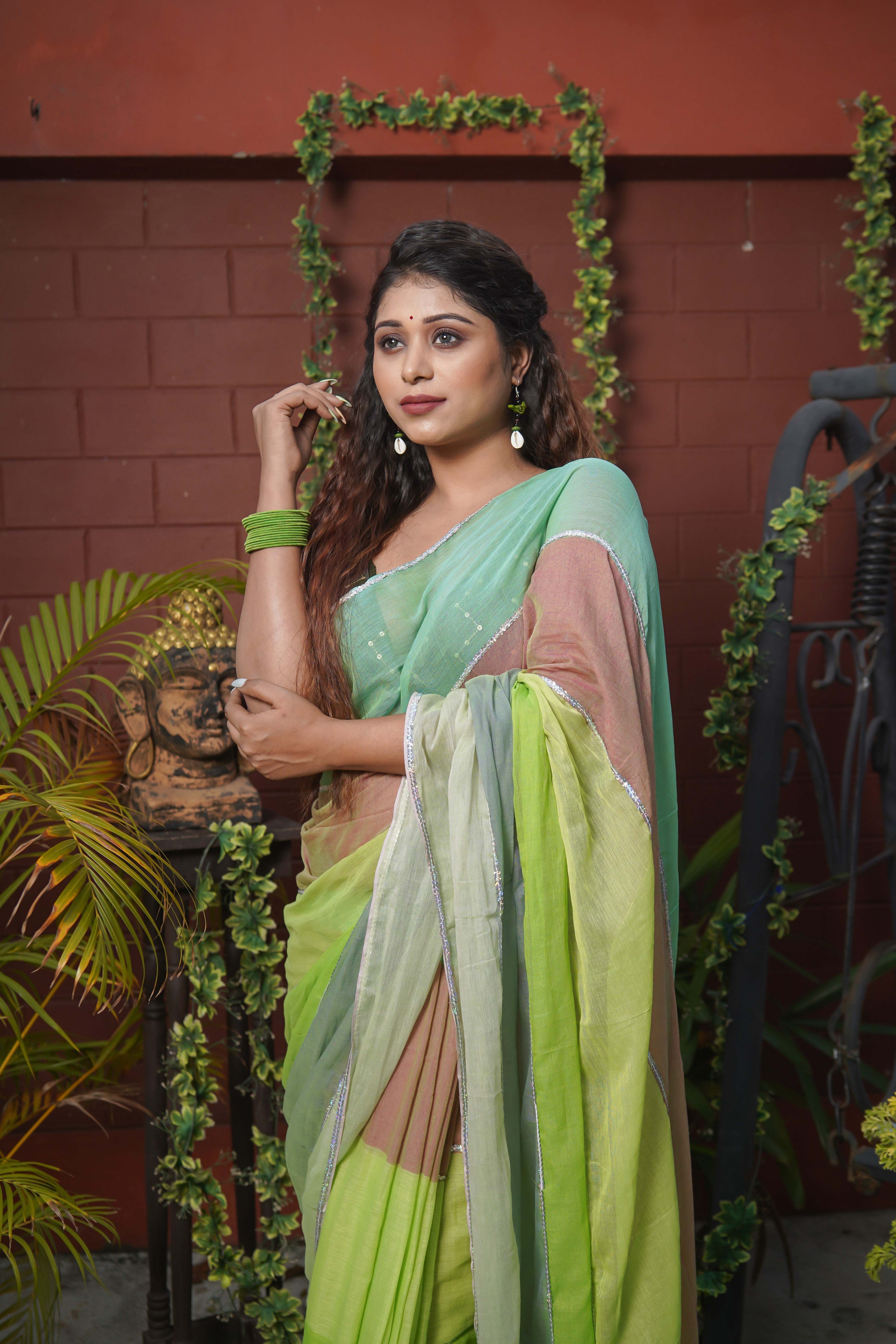 Parrot Green Multi Rainbow Sequence Work Pure Mul Cotton Saree