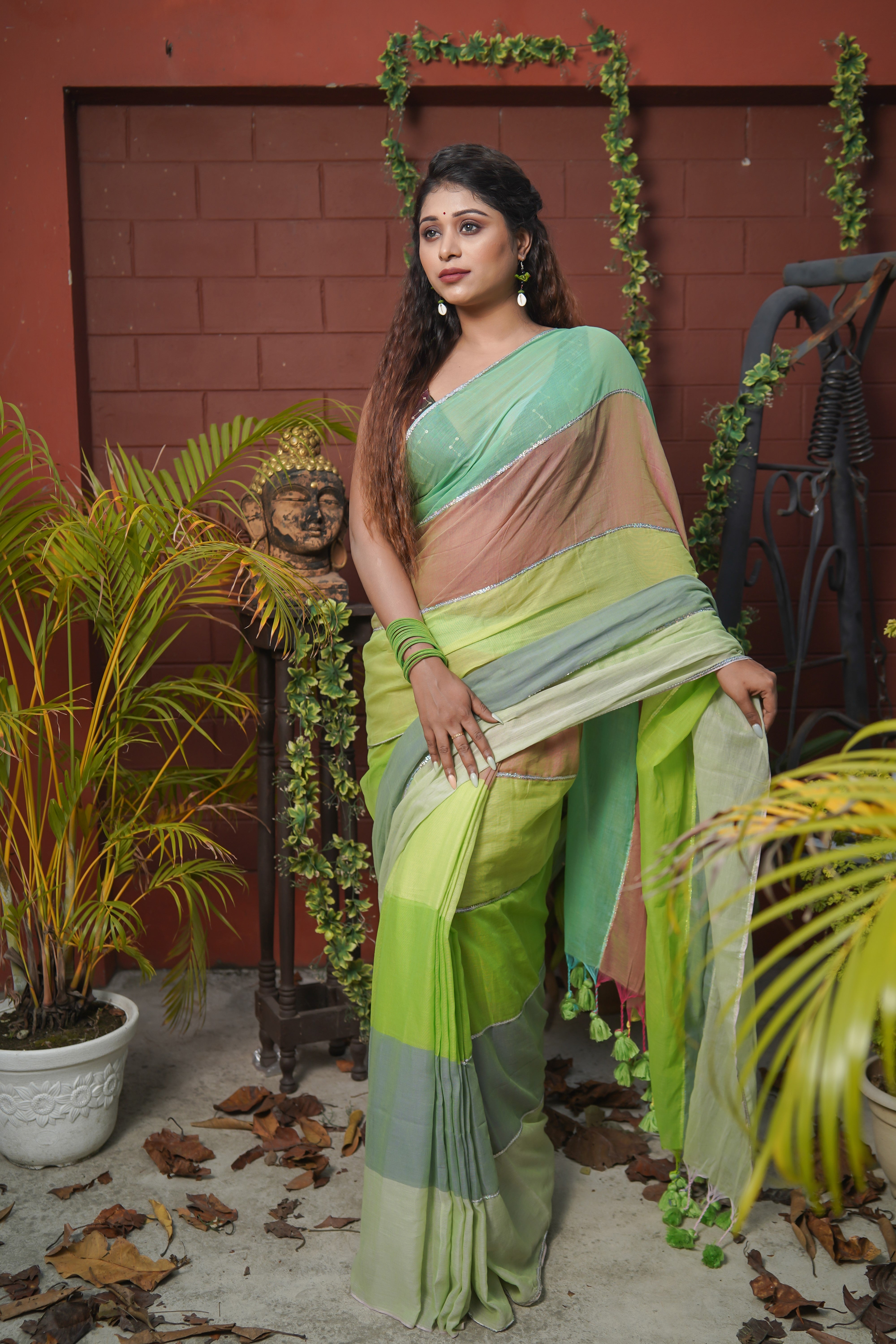 Parrot Green Multi Rainbow Sequence Work Pure Mul Cotton Saree