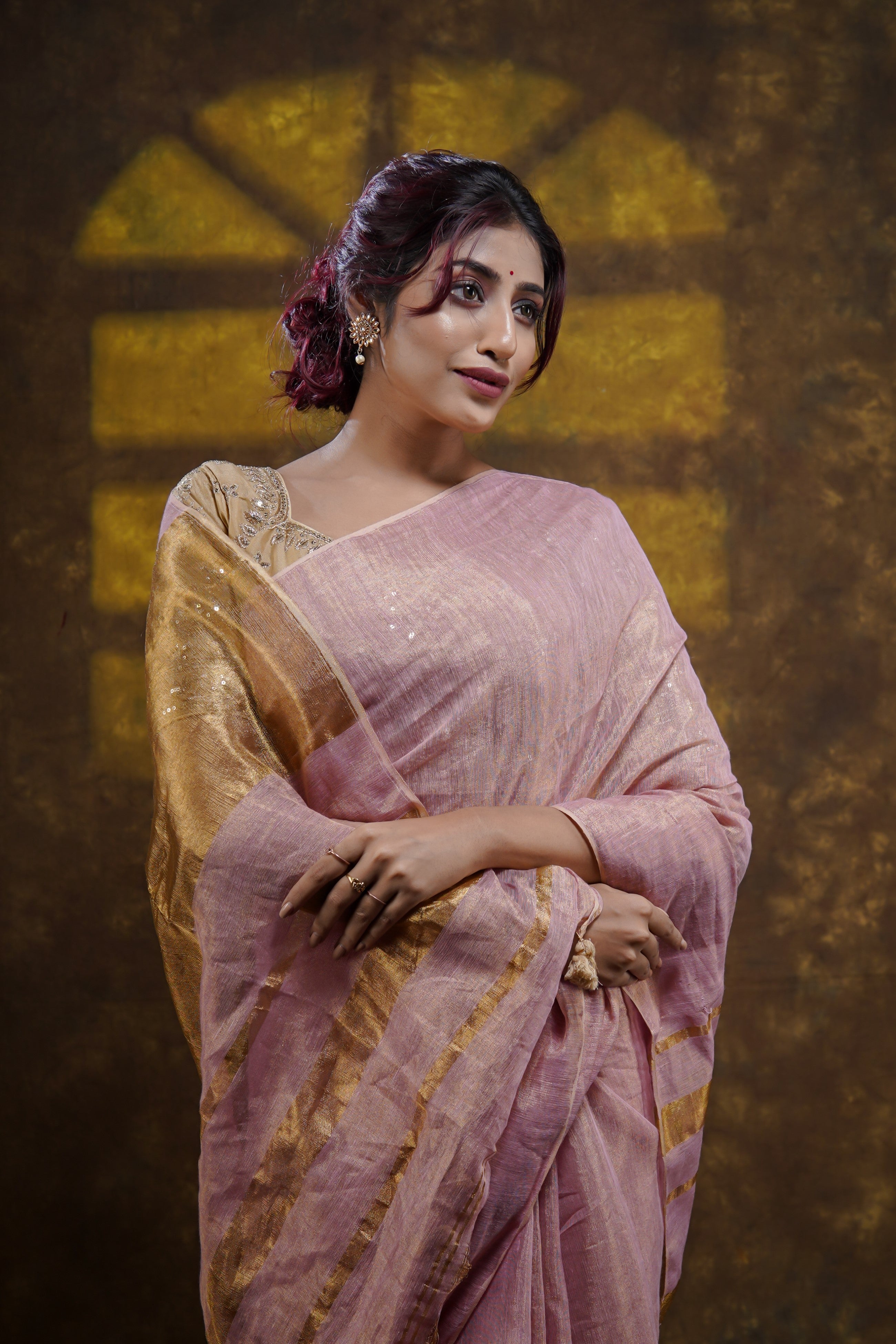 Pink Dual Tone Pure Tissue Linen Saree