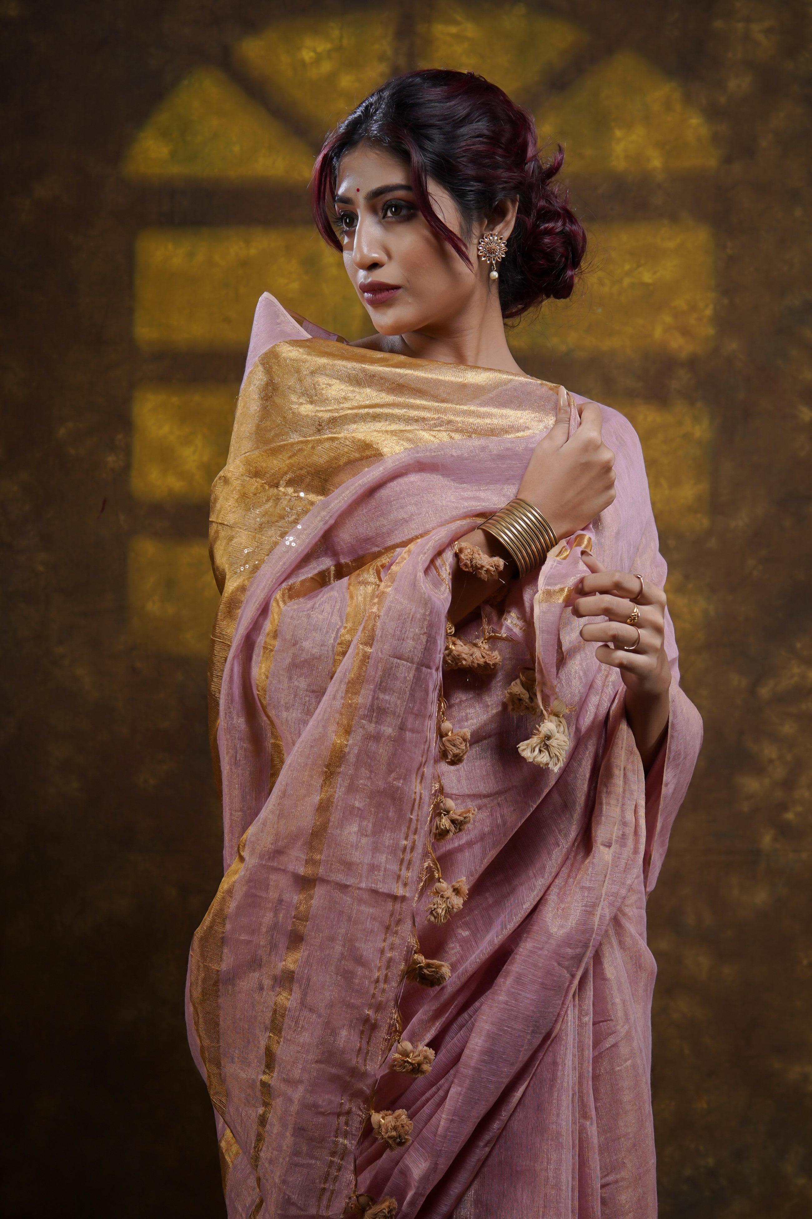 Pink Dual Tone Pure Tissue Linen Saree