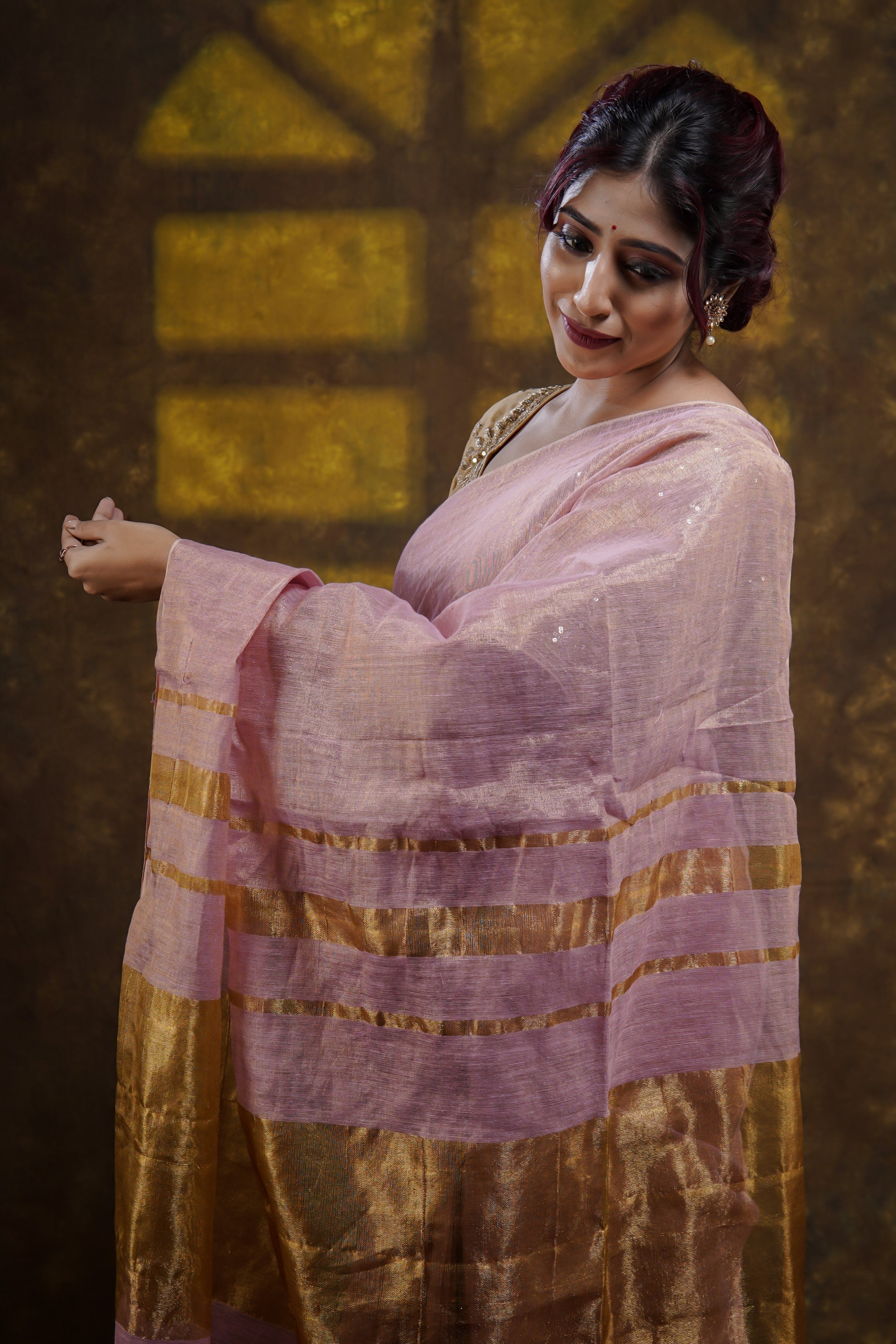 Pink Dual Tone Pure Tissue Linen Saree