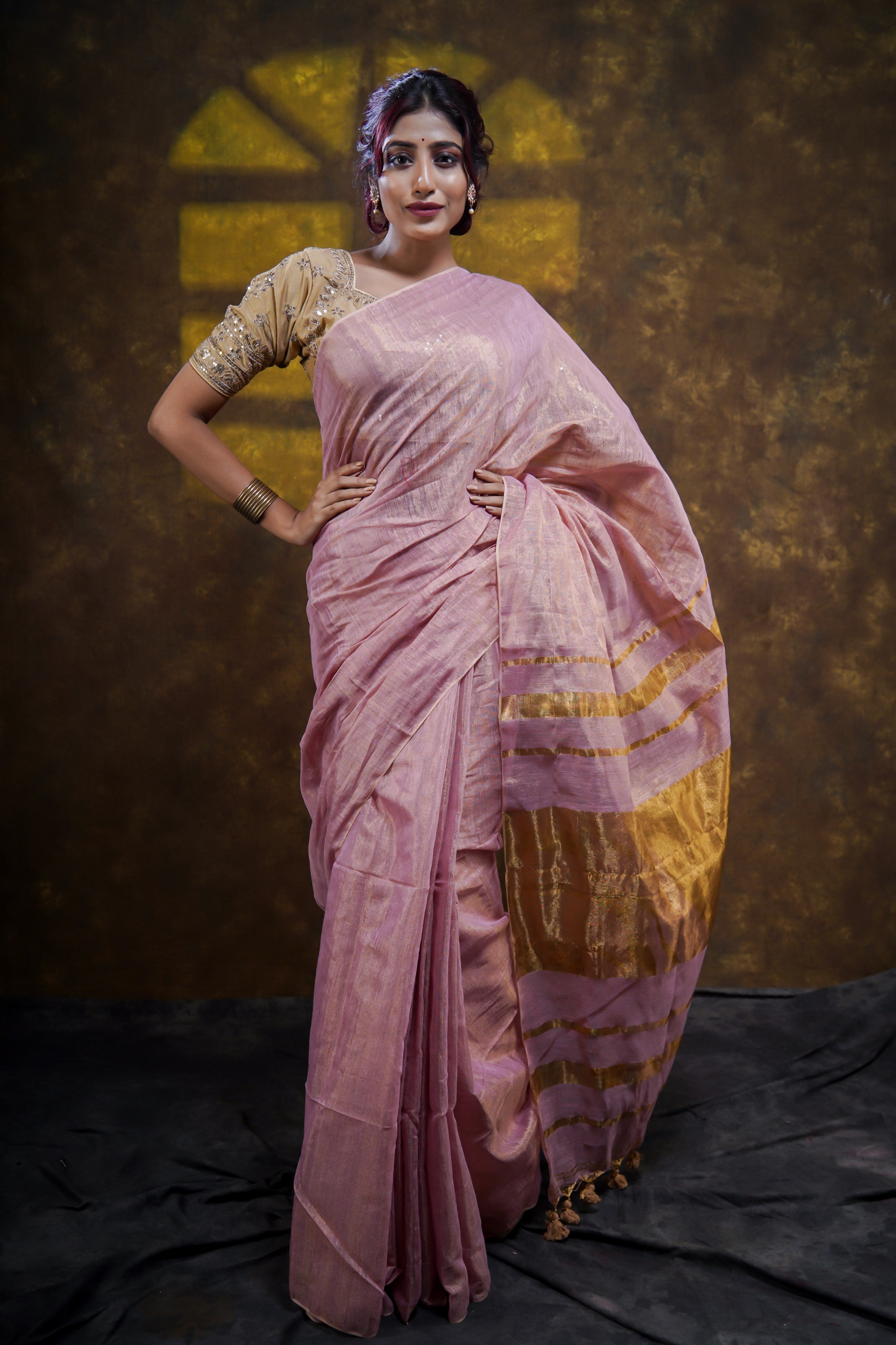 Pink Dual Tone Pure Tissue Linen Saree