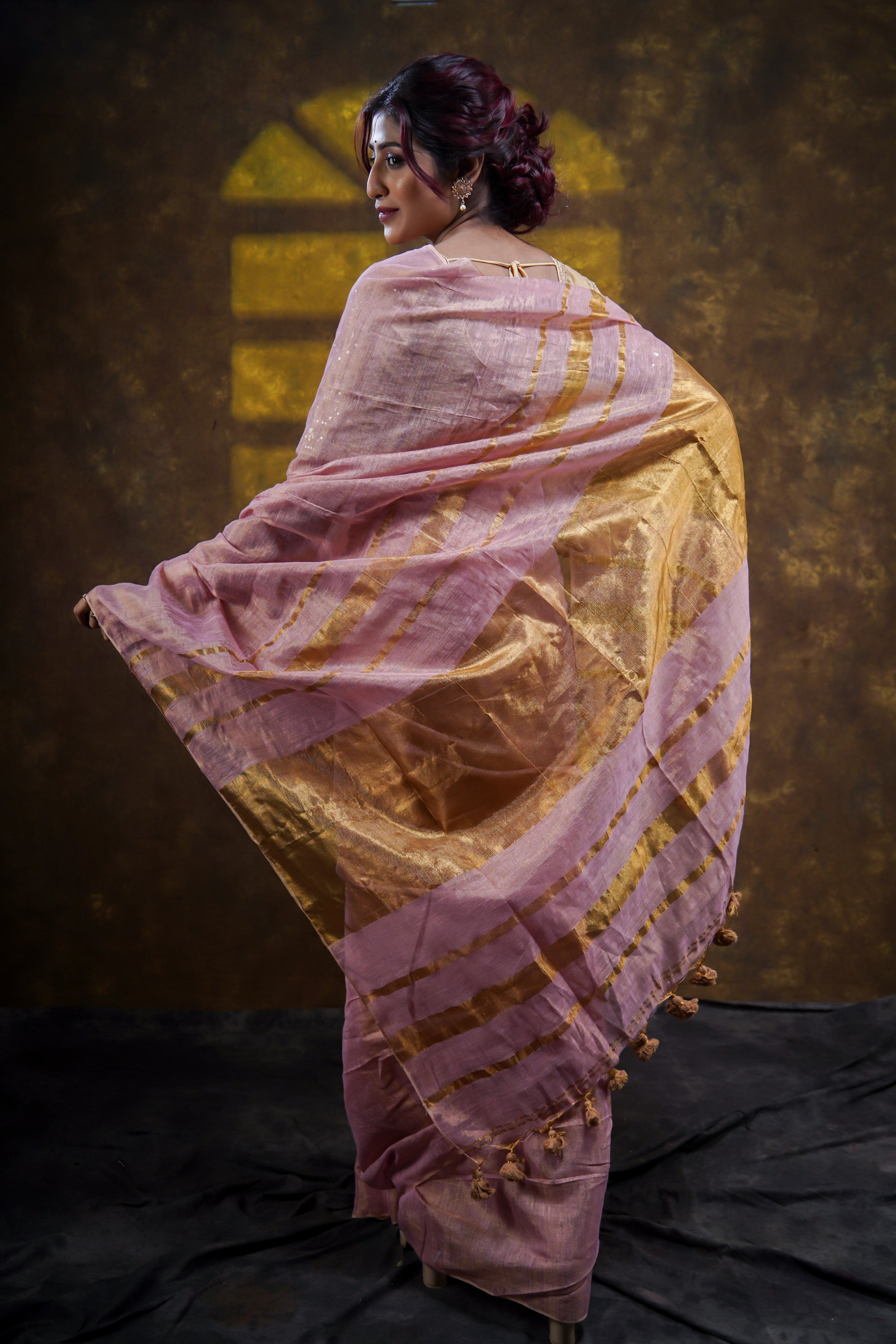 Pink Dual Tone Pure Tissue Linen Saree