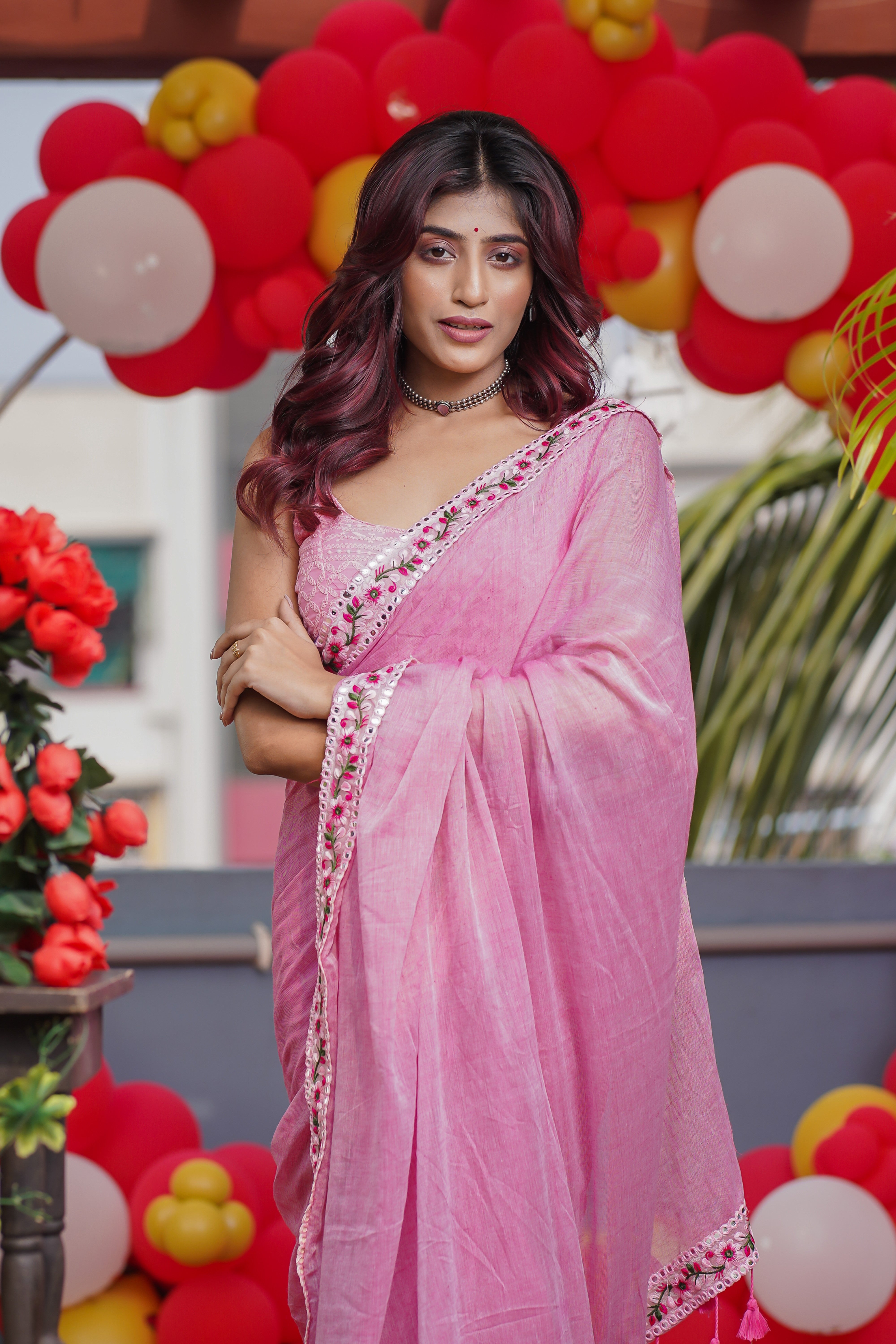 Pink Mulmul Cotton Saree