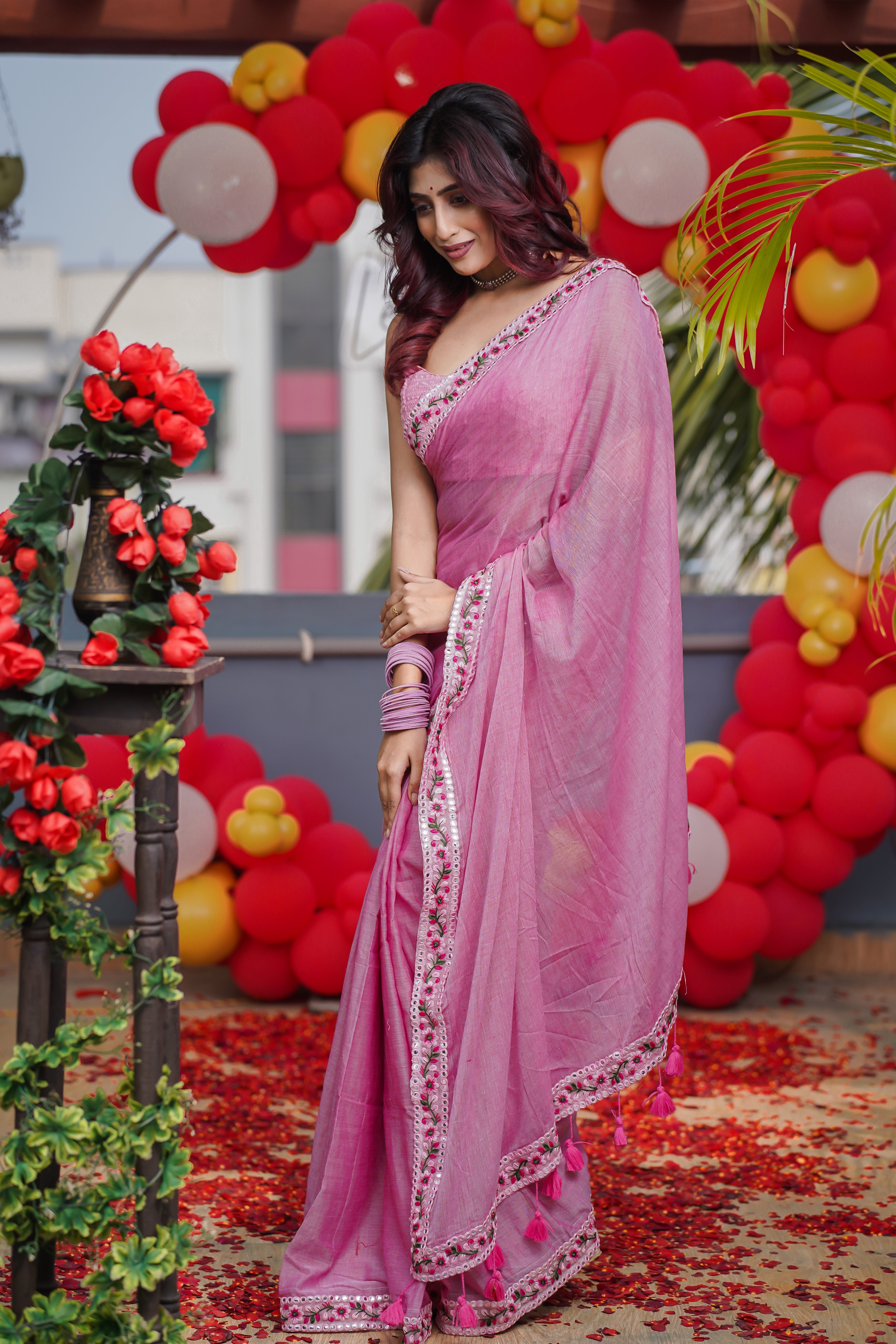 Pink Mulmul Cotton Saree