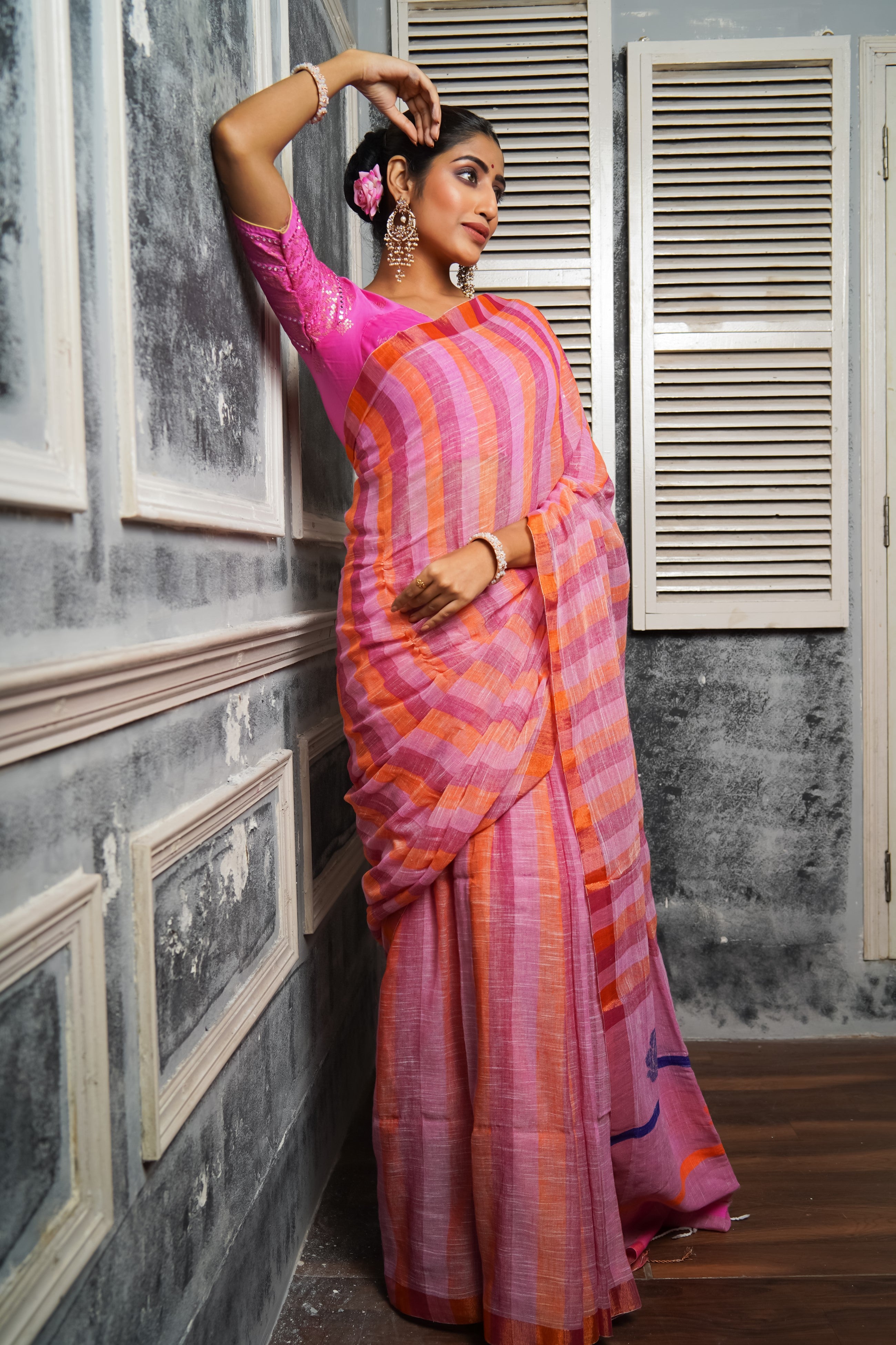 Pink Rose motive pure linen hand woven saree