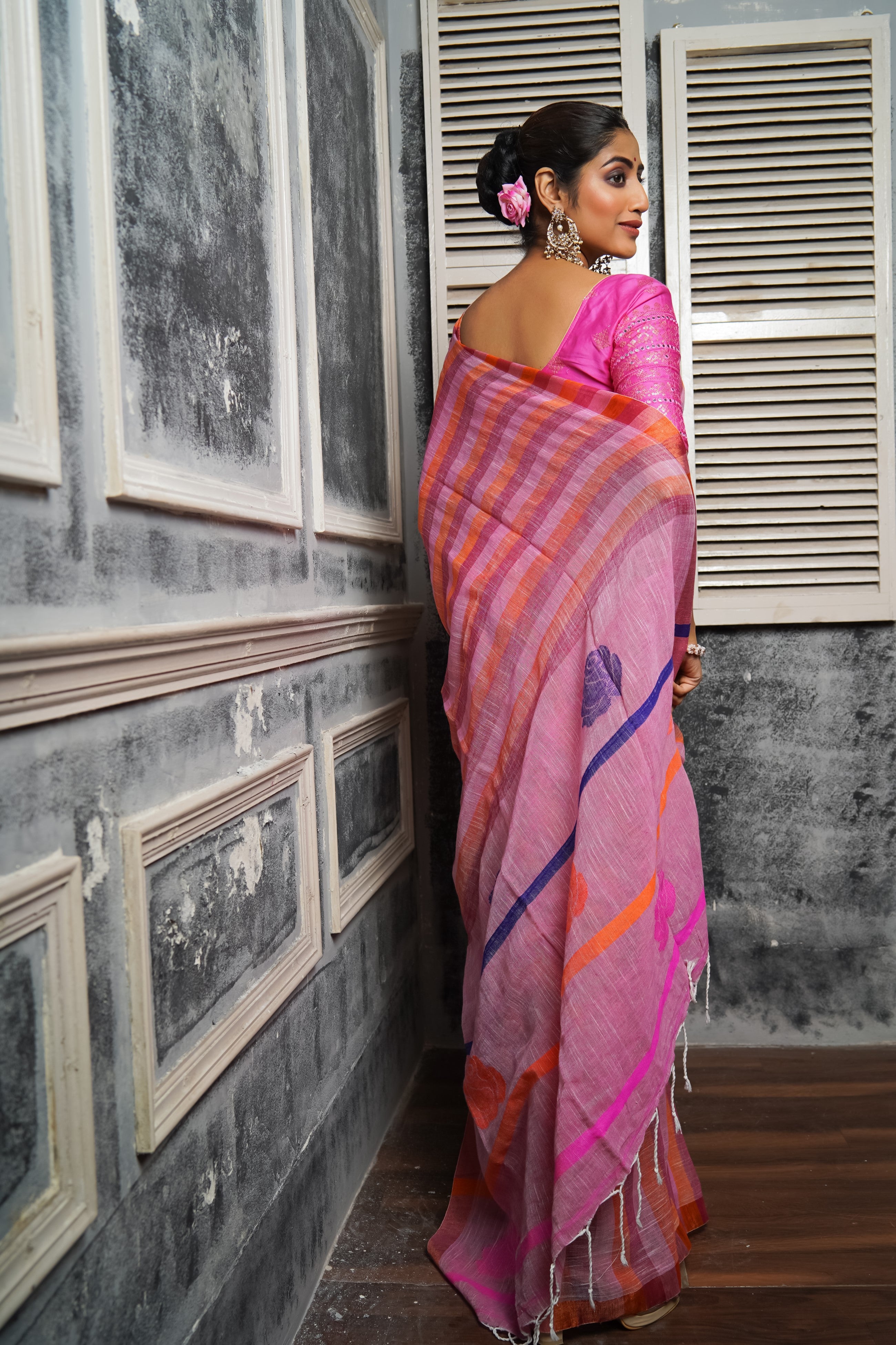 Pink Rose motive pure linen hand woven saree