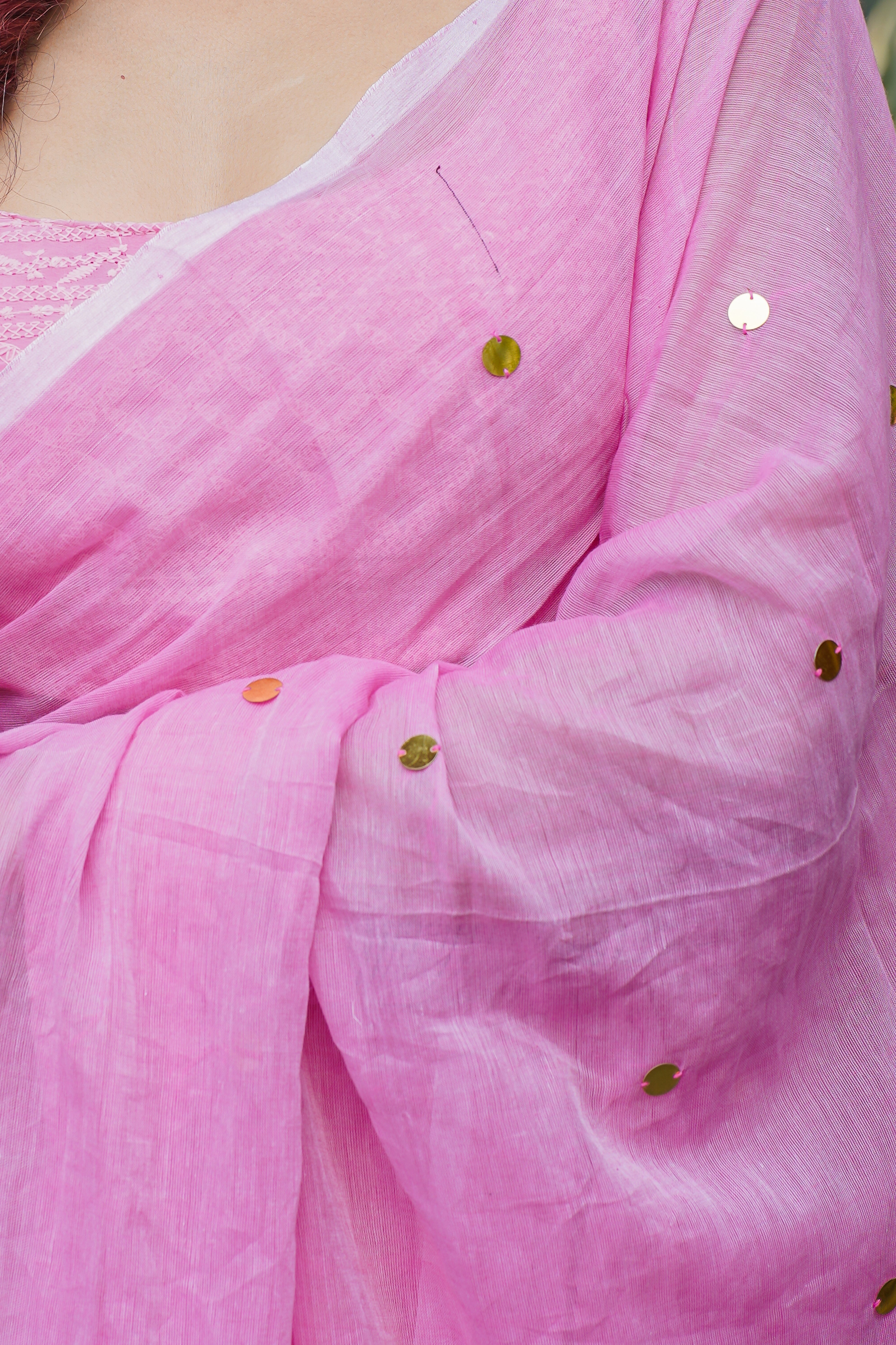 Pink Mulmul Cotton Ginni Work Saree