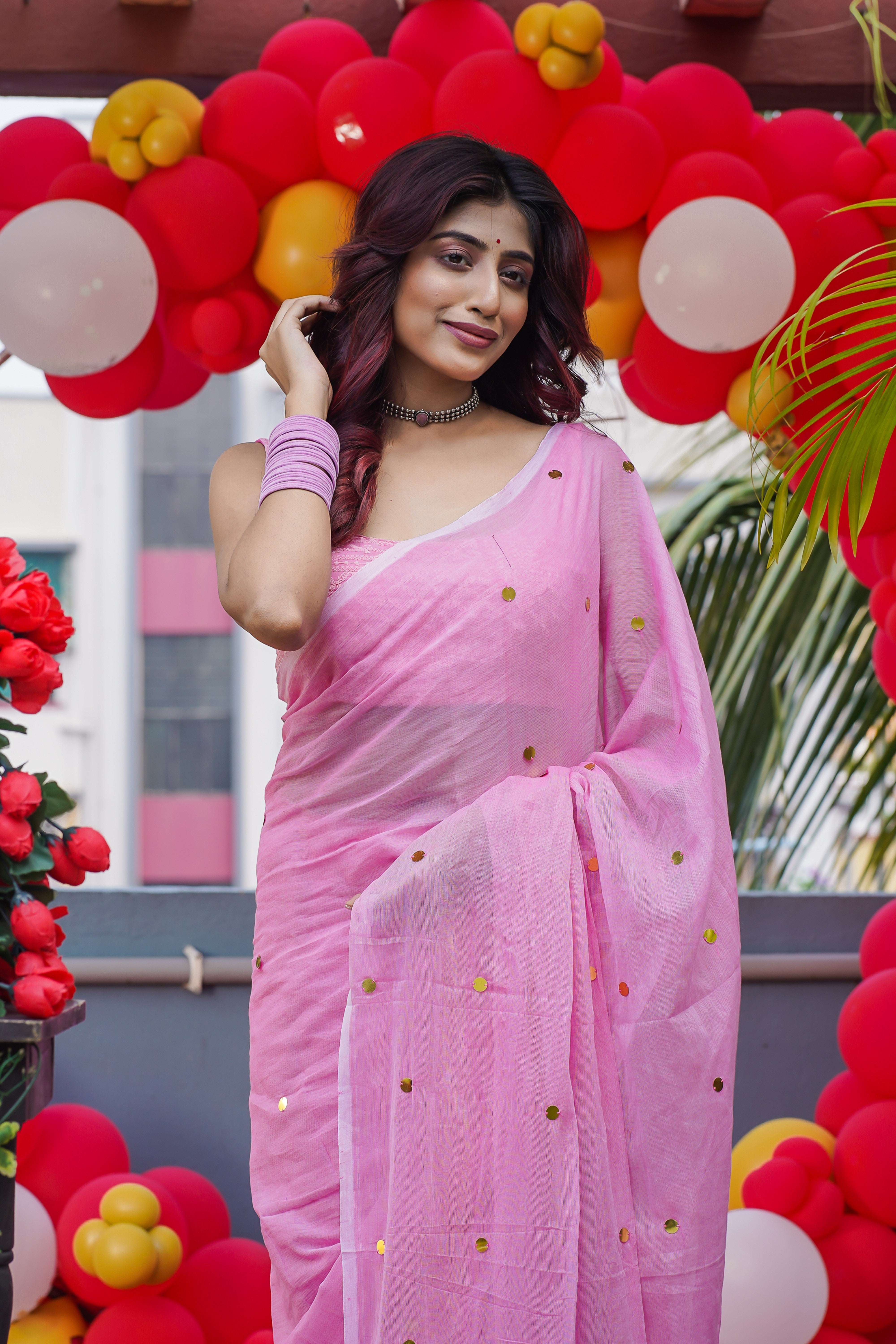 Pink Mulmul Cotton Ginni Work Saree