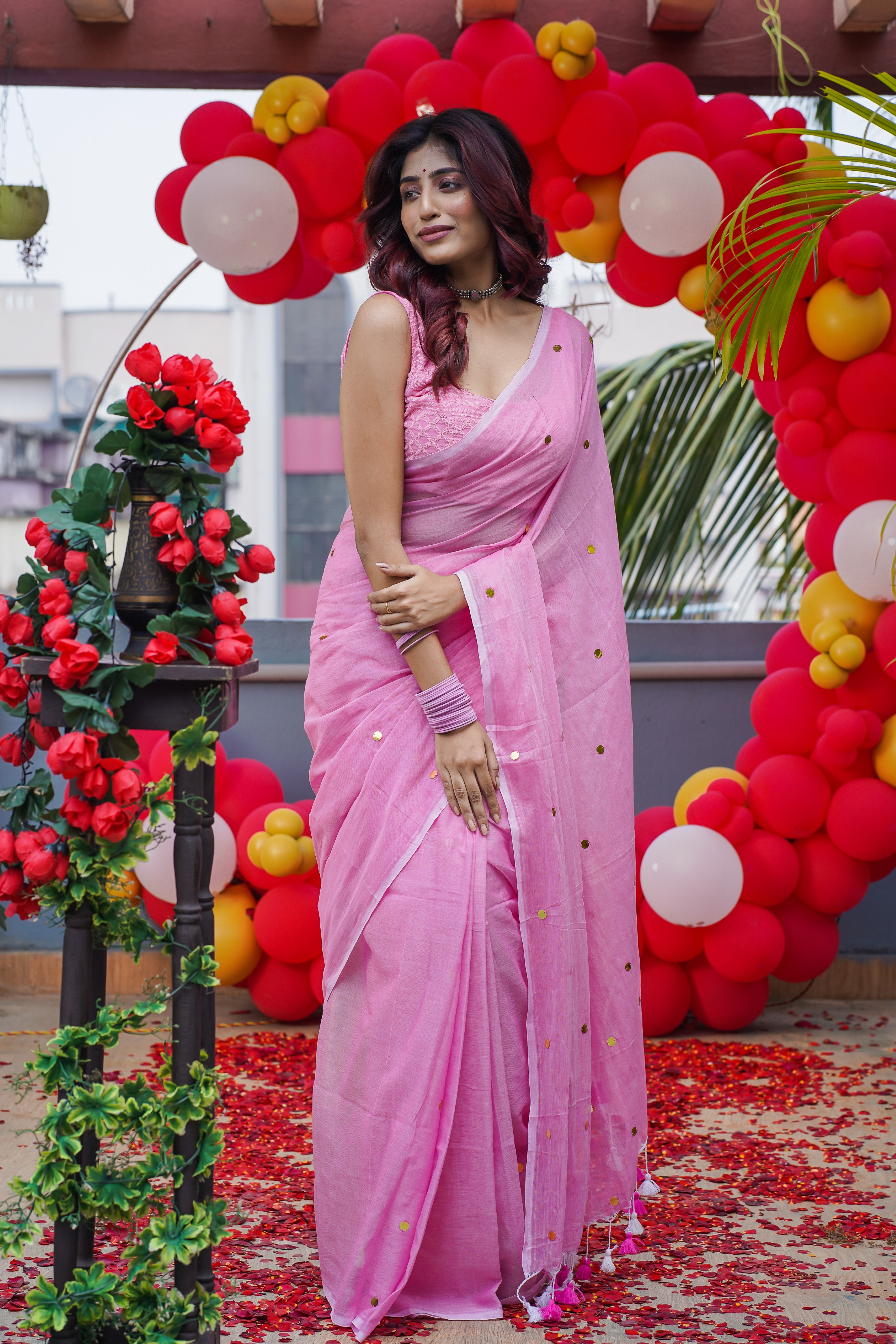 Pink Mulmul Cotton Ginni Work Saree